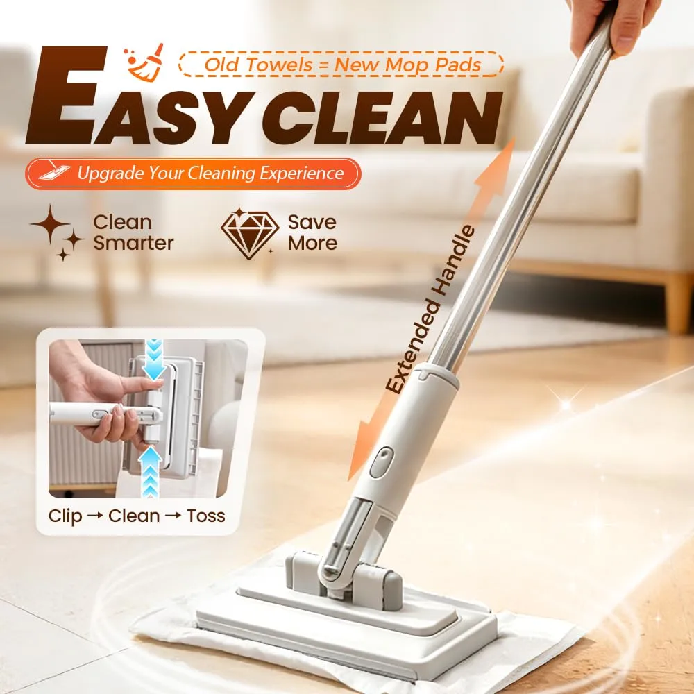 Hands Free Multi Purpose Flat Mop, Hands Free Flat Mops One Click Cloth Change, Mini Mops with 2 Reusable Cloths & Mop Hook for Wet Dry Floor Cleaning (37in)