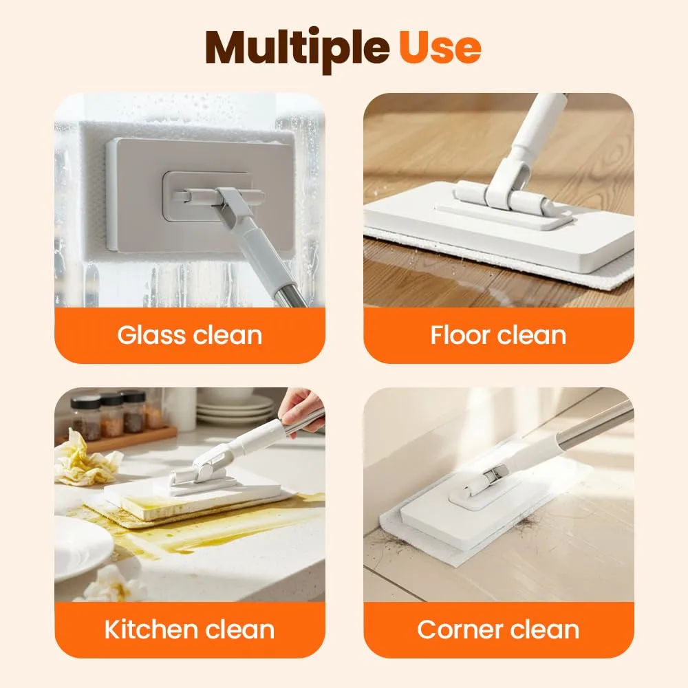 Hands Free Multi Purpose Flat Mop, Hands Free Flat Mops One Click Cloth Change, Mini Mops with 2 Reusable Cloths & Mop Hook for Wet Dry Floor Cleaning (37in)