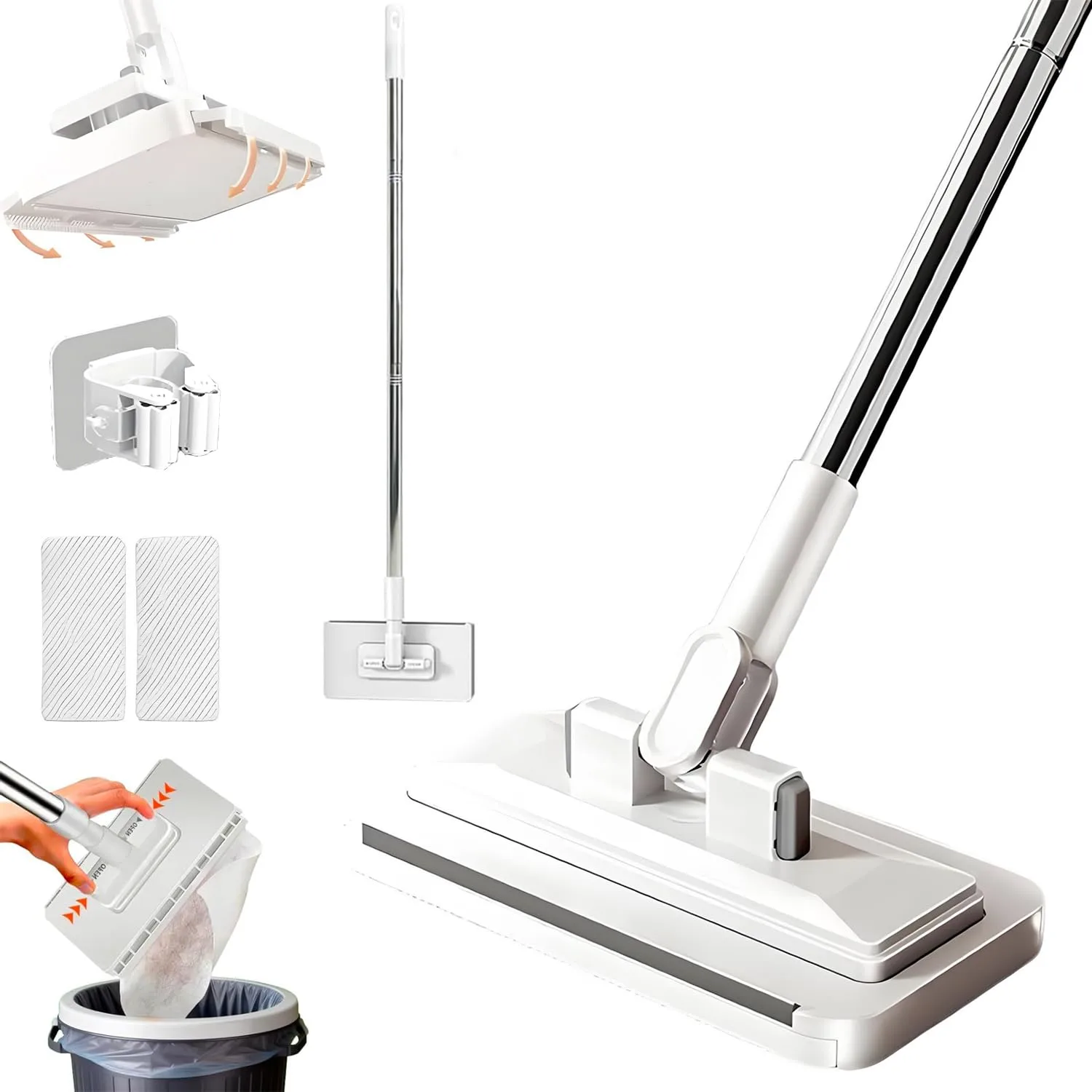 Hands Free Multi Purpose Flat Mop, Hands Free Flat Mops One Click Cloth Change, Mini Mops with 2 Reusable Cloths & Mop Hook for Wet Dry Floor Cleaning (37in)