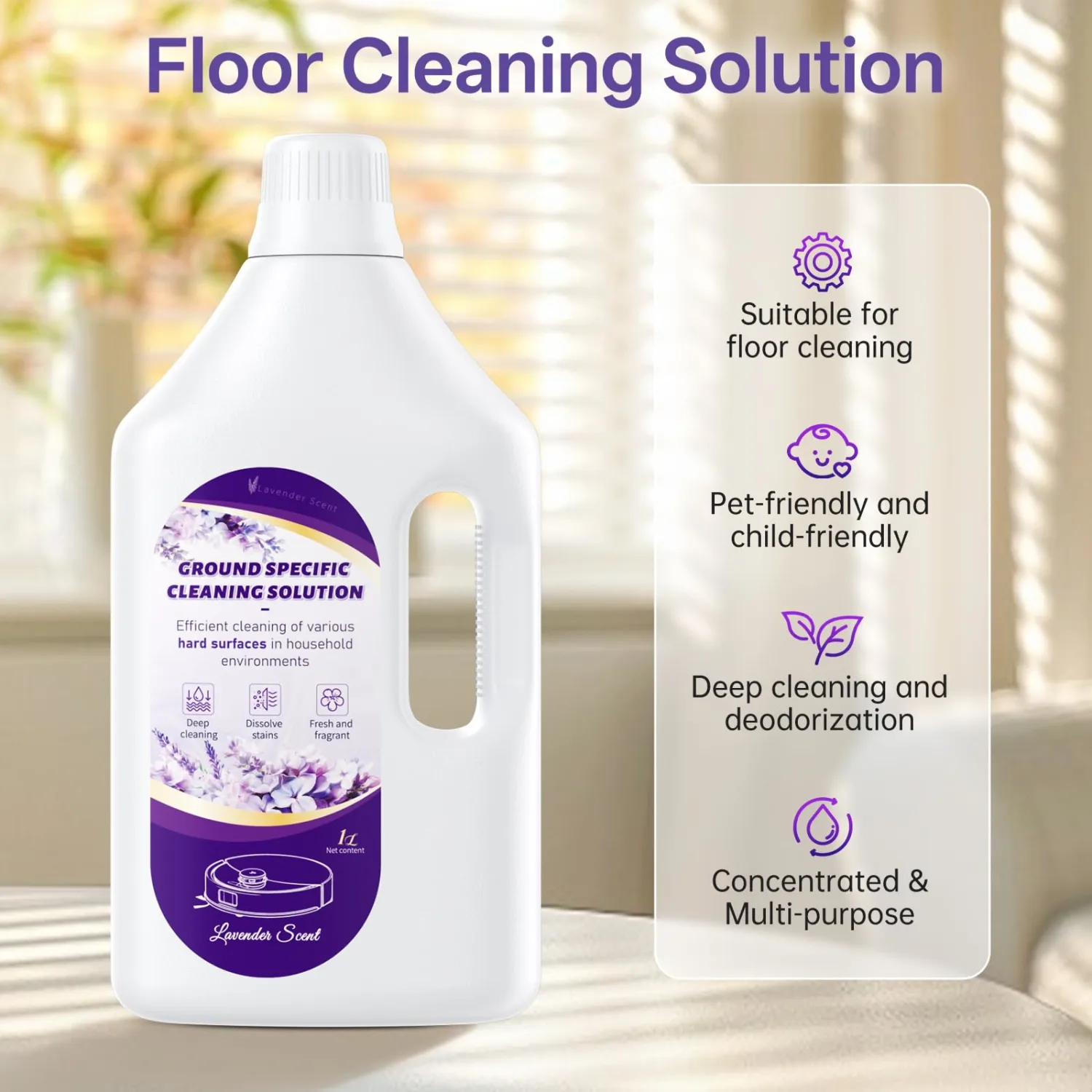 Nukisa 1L Lavender Floor Cleaning Solution suitable with Robot Vacuum Mop | Compatible with Roborock、Eufy、iRobot、Ecovacs、Dreame、Shark, Deodorization and Deep Cleans for Multiple Hard Floors,Fresh Scent