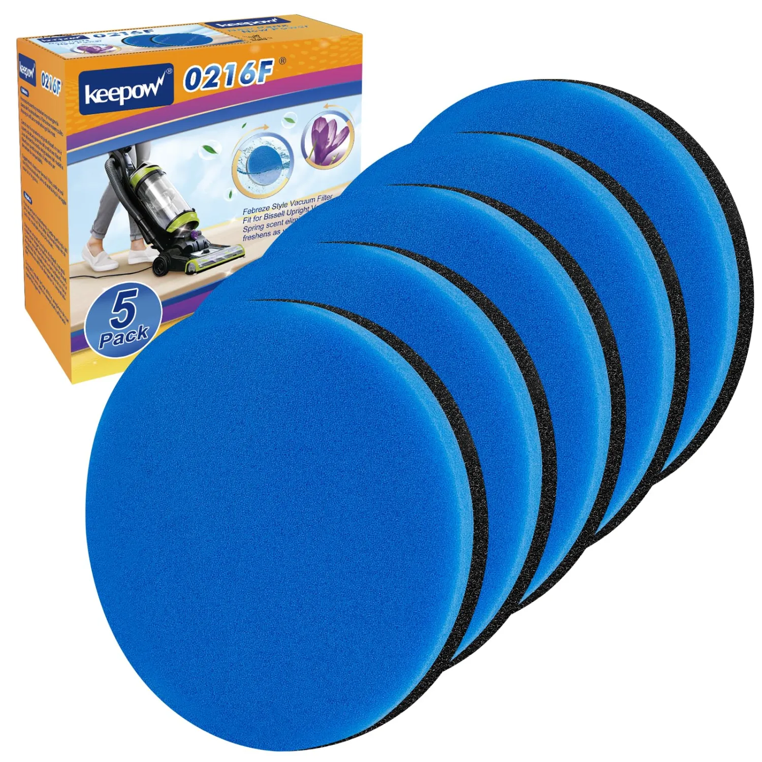KEEPOW Vacuum Filter Compatible with Bissell Cleanview & PowerGlide Pet | Compare to Part #12141, 5 Pack Blue Foam (No Fragrance), Easy to Install, Washable & Reusable