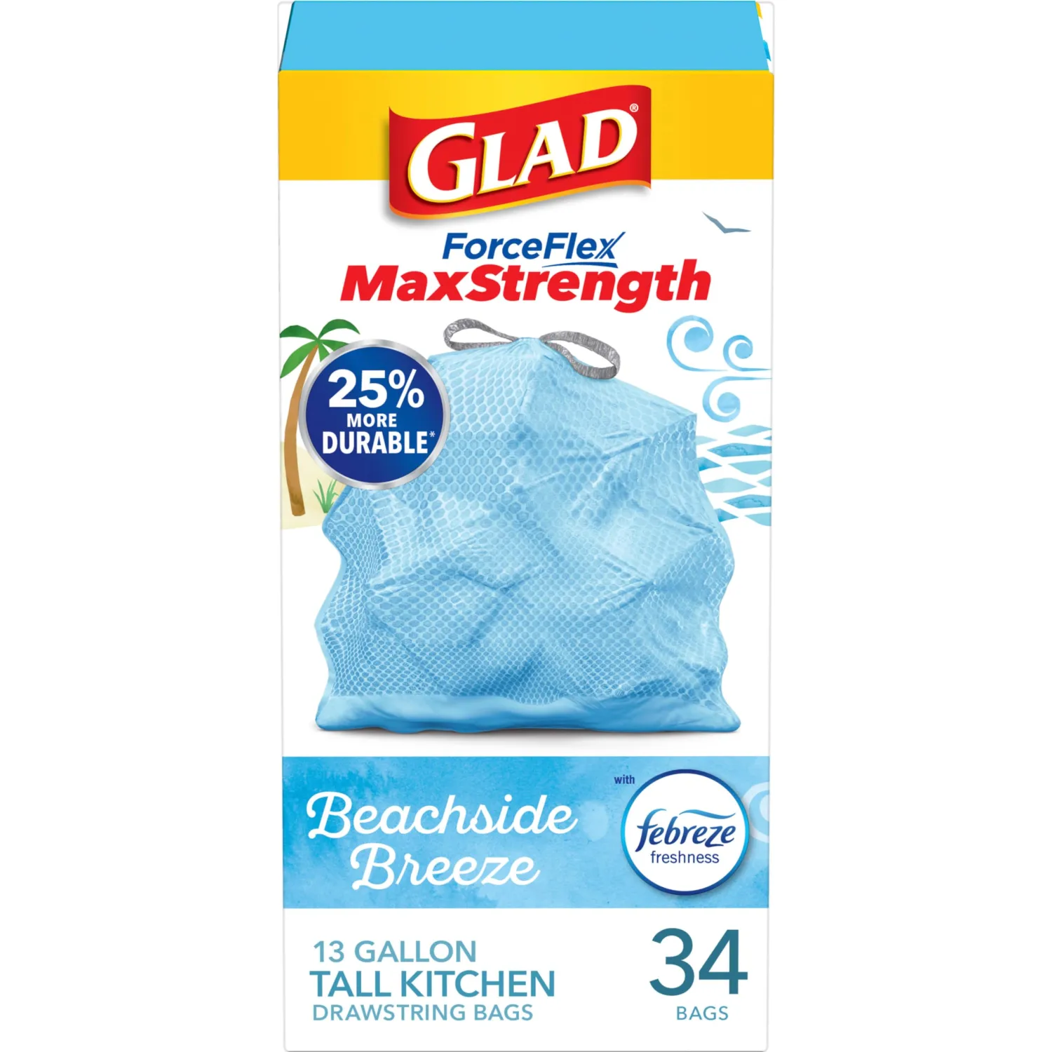 Glad Tall Kitchen Trash Bags 13 Gallon, MaxStrength Beachside Breeze Garbage Bags, Odorshield with Drawstring, 34 Count