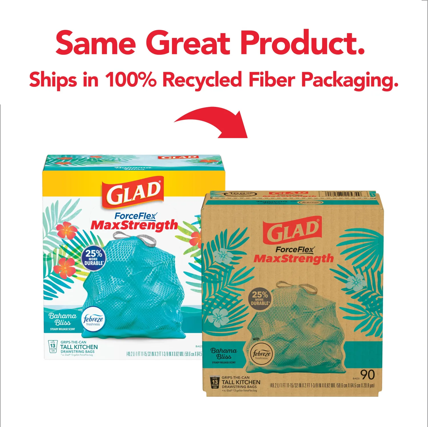 Glad ForceFlex MaxStrength Tall Kitchen Trash Bags, Rip and Tear Resistant, Bahama Bliss Scented Teal Tall Garbage Bags, Odor Control, Febreze Freshness, 13 Gallon, 90 Count