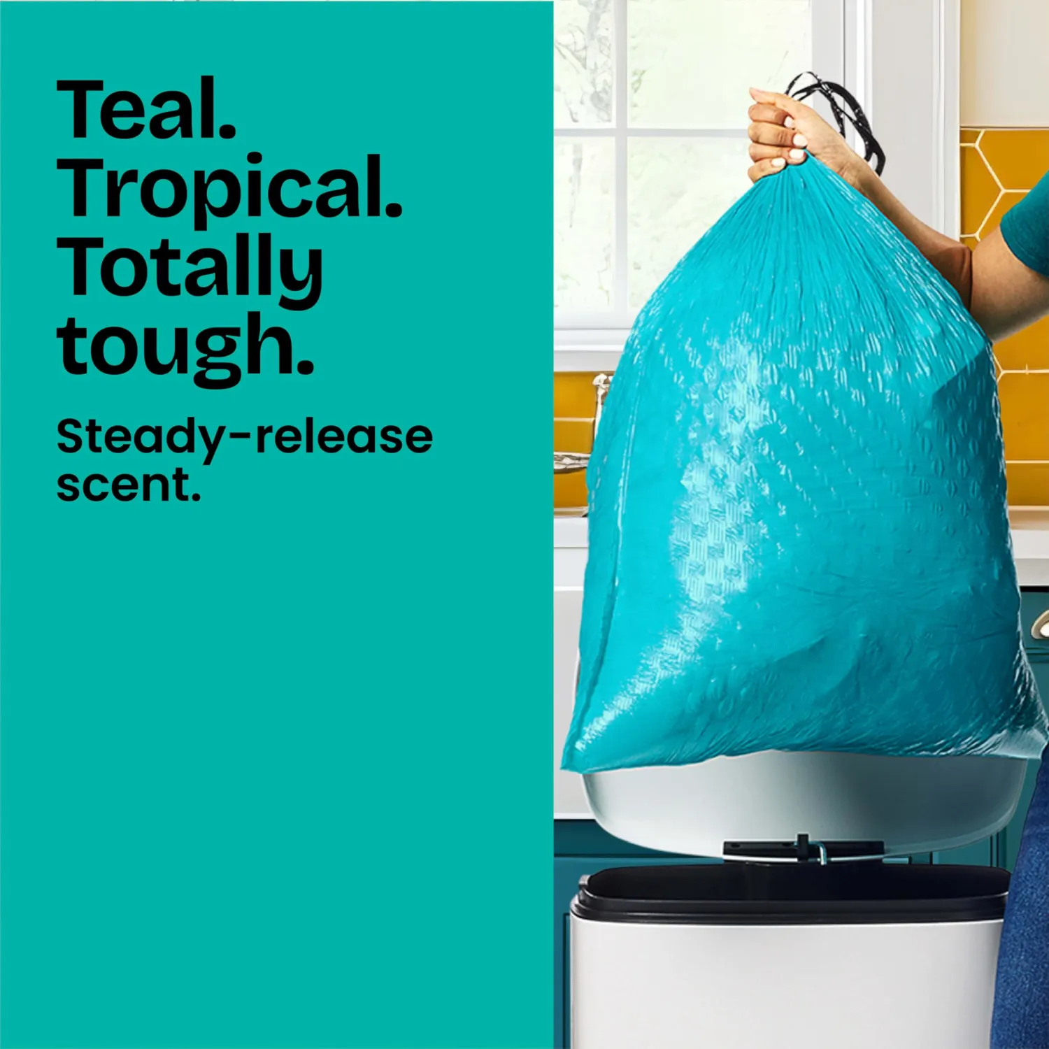 Glad ForceFlex MaxStrength Tall Kitchen Trash Bags, Rip and Tear Resistant, Bahama Bliss Scented Teal Tall Garbage Bags, Odor Control, Febreze Freshness, 13 Gallon, 90 Count