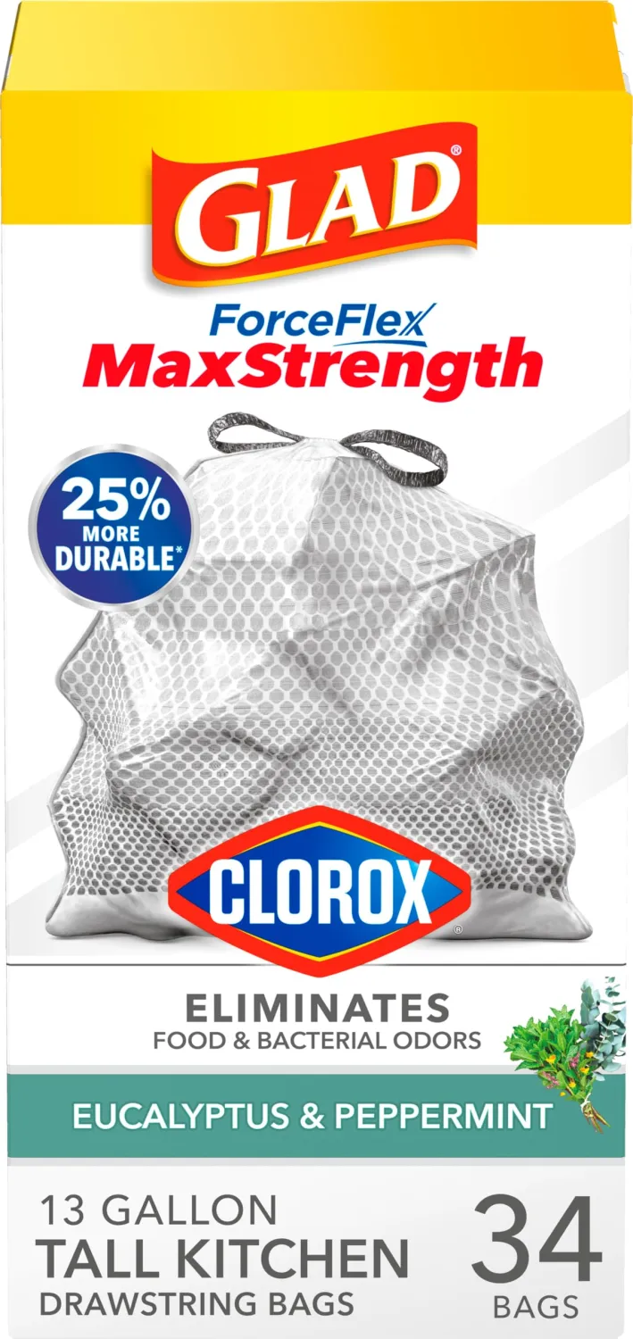 Glad ForceFlex MaxStrength with Clorox Trash Bags, 13 Gal, Eucalyptus, 34 Ct (Package May Vary)