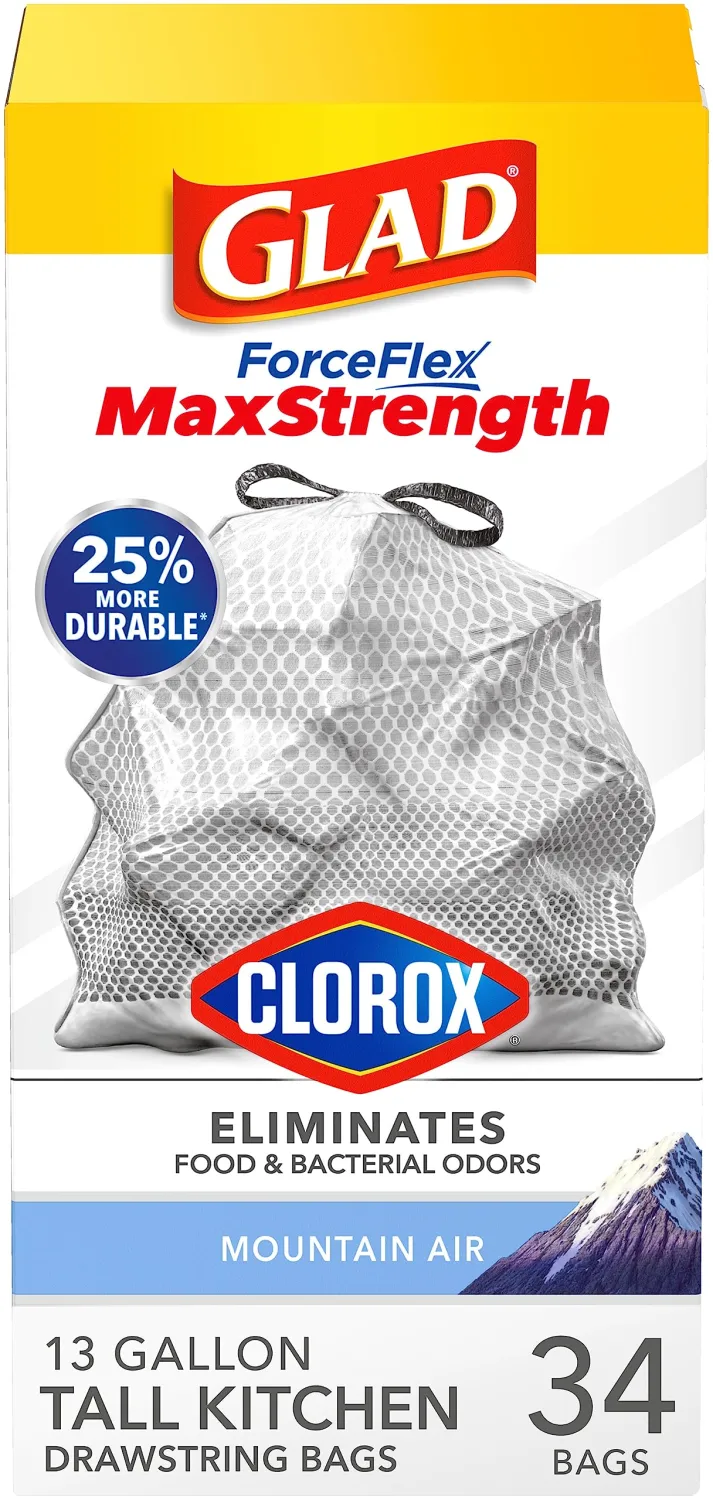 Glad ForceFlex MaxStrength with Clorox Tall Kitchen Trash Bags, 13 Gal, 34 Ct (Package May Vary)