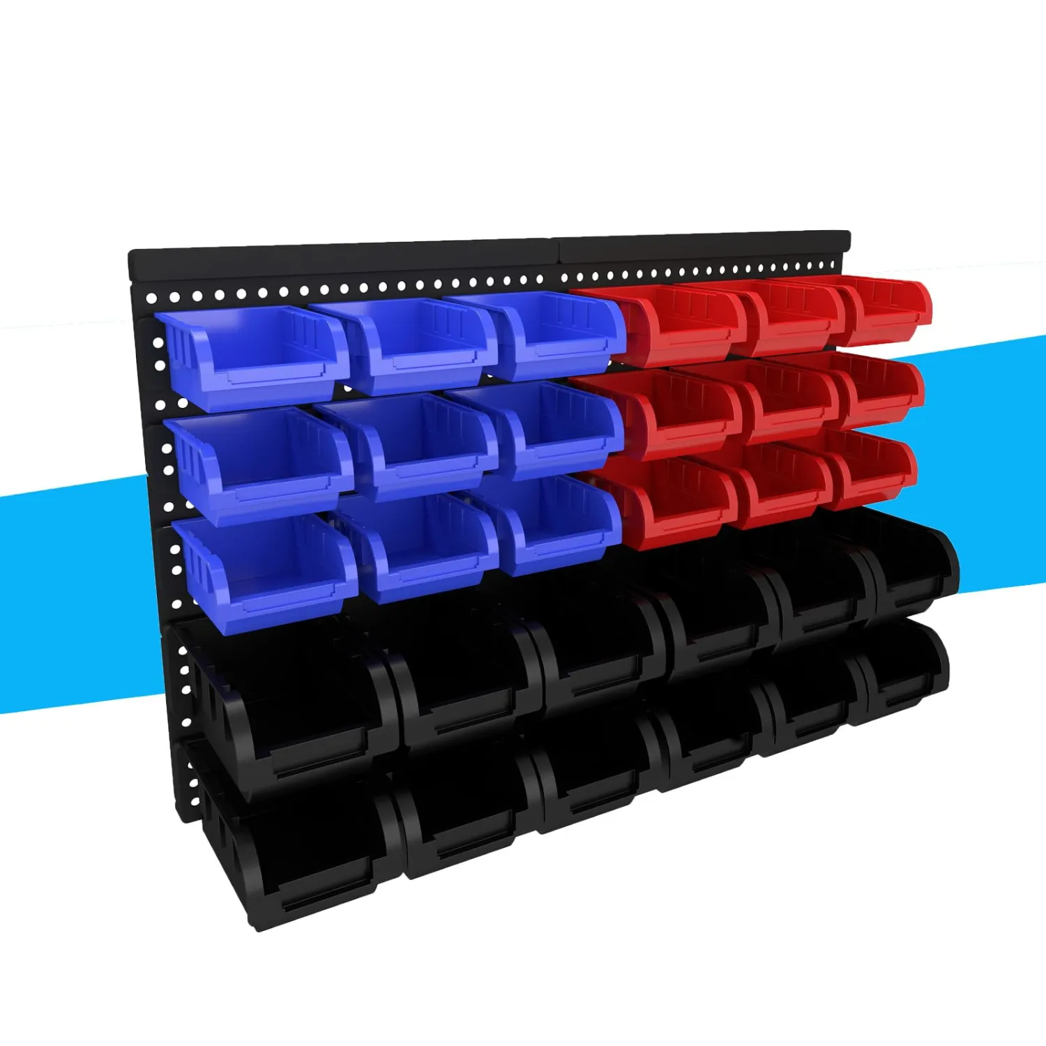 30Pcs Plastic Wall Mounted Storage Bins Parts Rack Nuts And Bolt Bins Organizer For Shop Garage for Screws, Nuts, Bolts, Nails, Beads, and Small Hardware Parts(RED+BLUE+BLACK, 30)