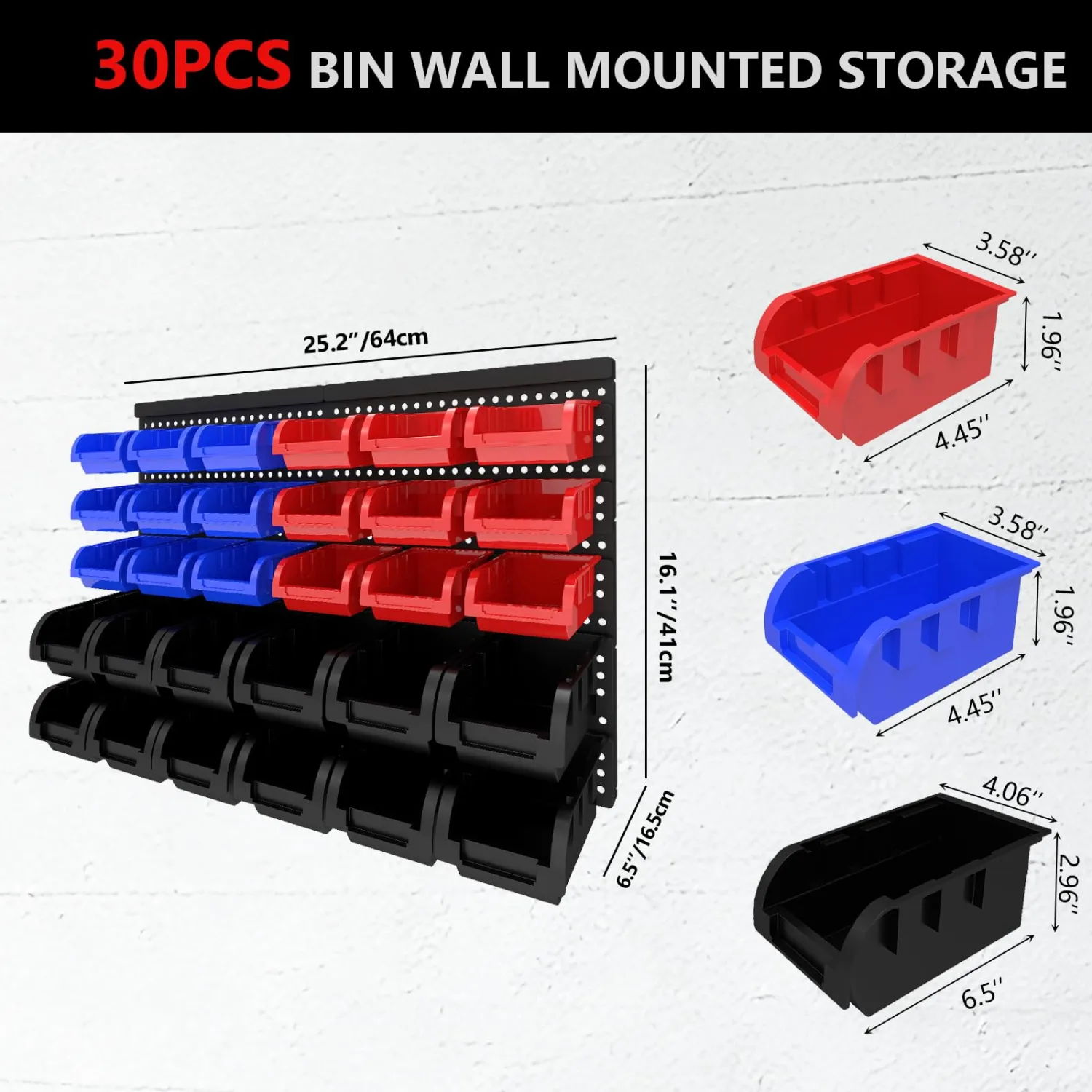 30Pcs Plastic Wall Mounted Storage Bins Parts Rack Nuts And Bolt Bins Organizer For Shop Garage for Screws, Nuts, Bolts, Nails, Beads, and Small Hardware Parts(RED+BLUE+BLACK, 30)