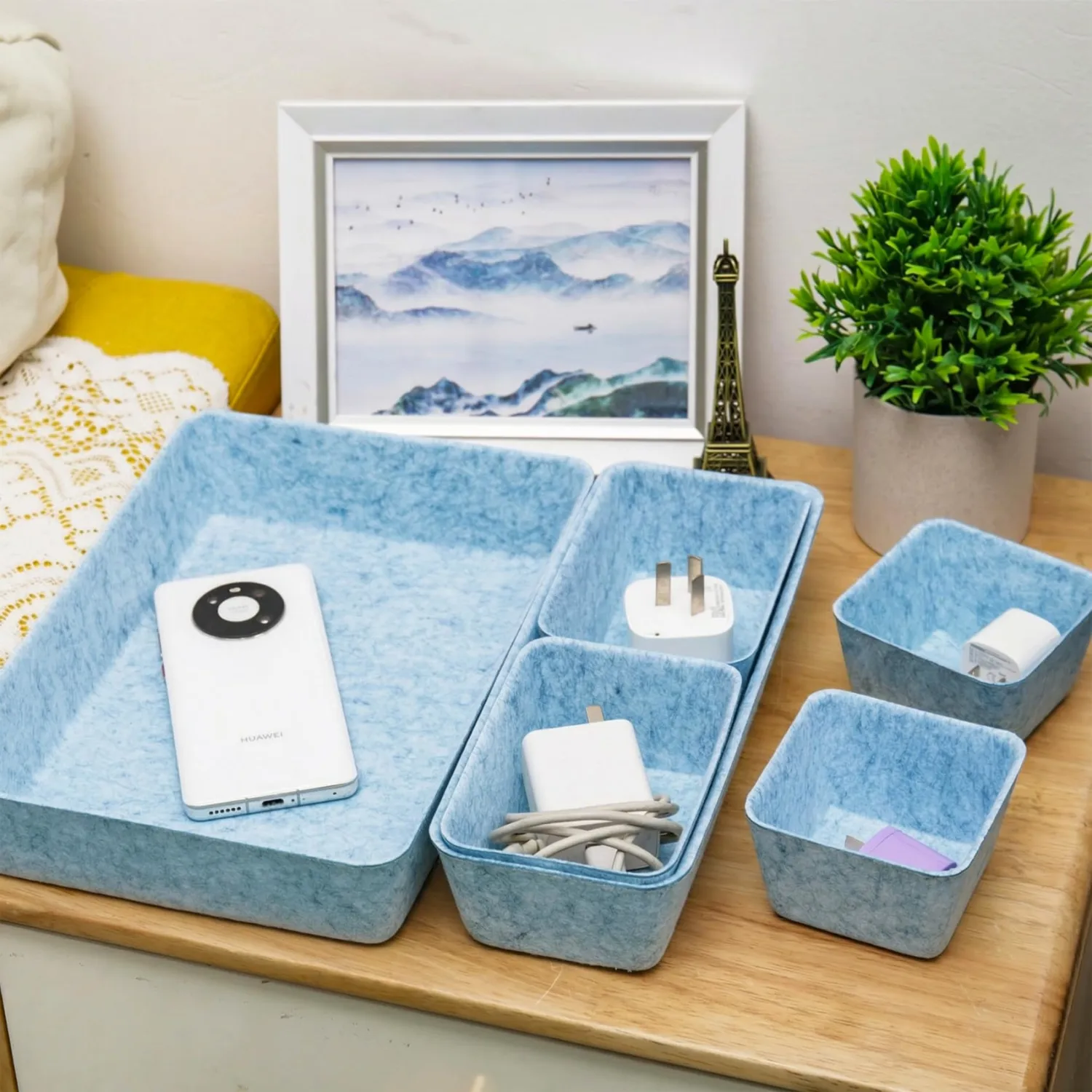 Desk Drawer Organizer Bins, 8pcs Felt Shallow Bathroom Storage Trays, Office Accessories & Workspace Organizers Jewelry & Makeup Boxes Containers(Blue)
