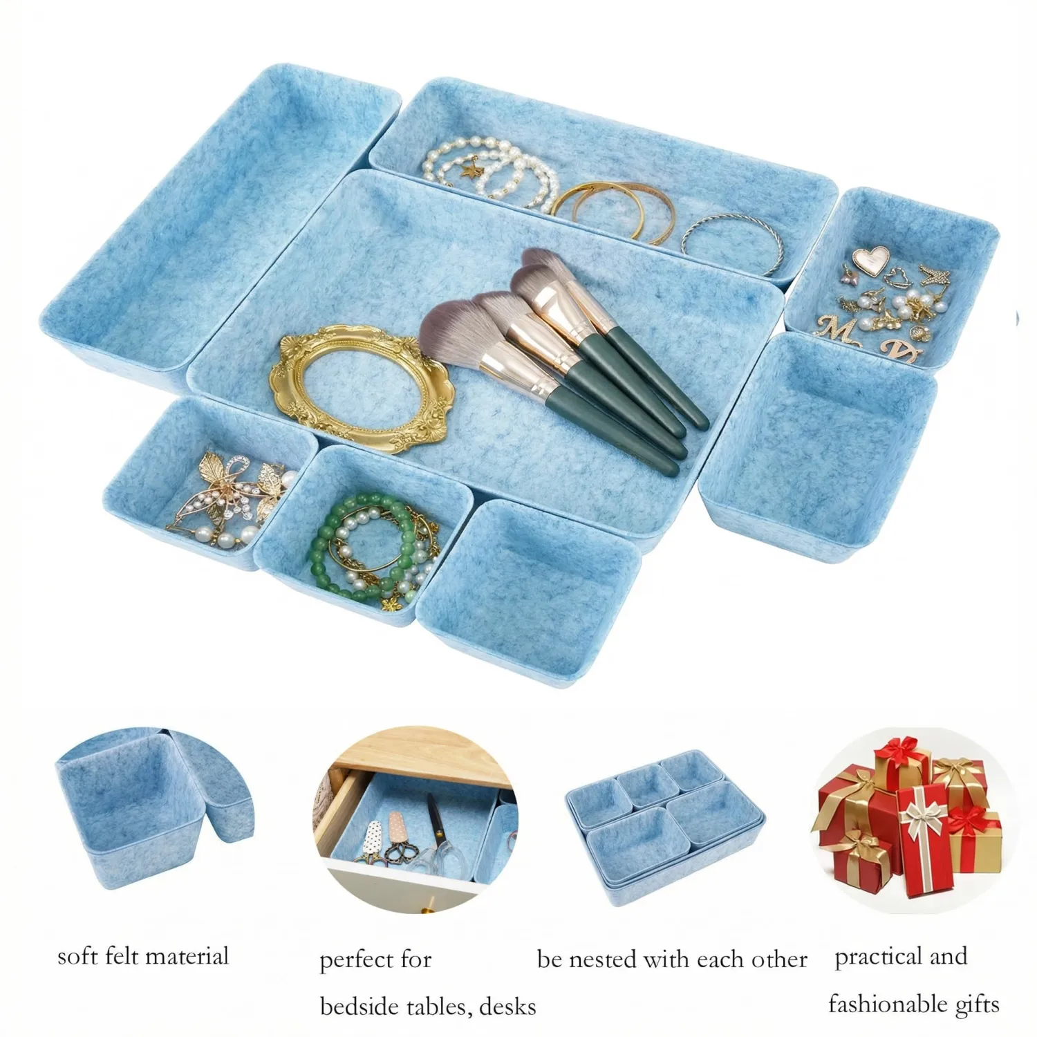 Desk Drawer Organizer Bins, 8pcs Felt Shallow Bathroom Storage Trays, Office Accessories & Workspace Organizers Jewelry & Makeup Boxes Containers(Blue)