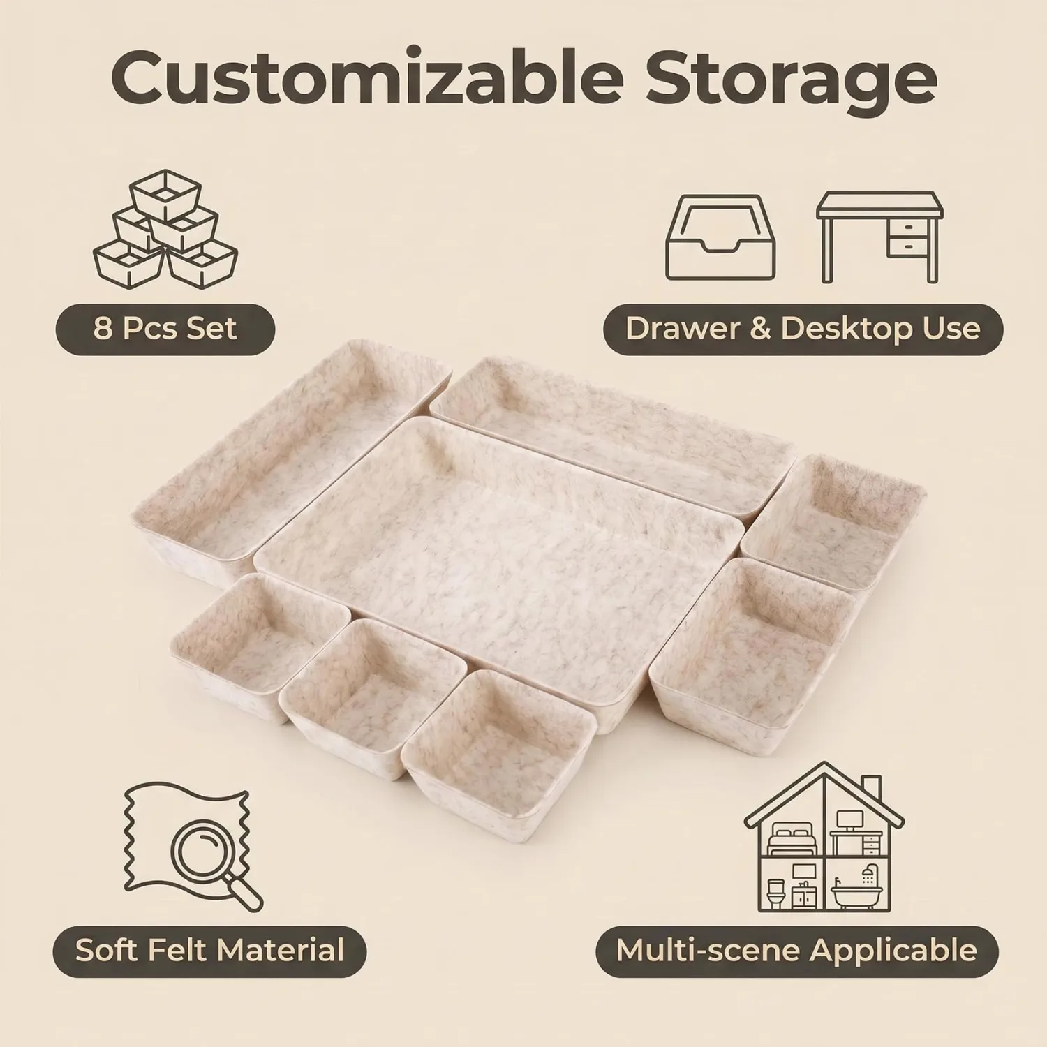 Desk Drawer Organizer Bins, 8pcs Felt Shallow Bathroom Storage Trays, Office Accessories & Workspace Organizers Jewelry & Makeup Boxes Containers(Beige)