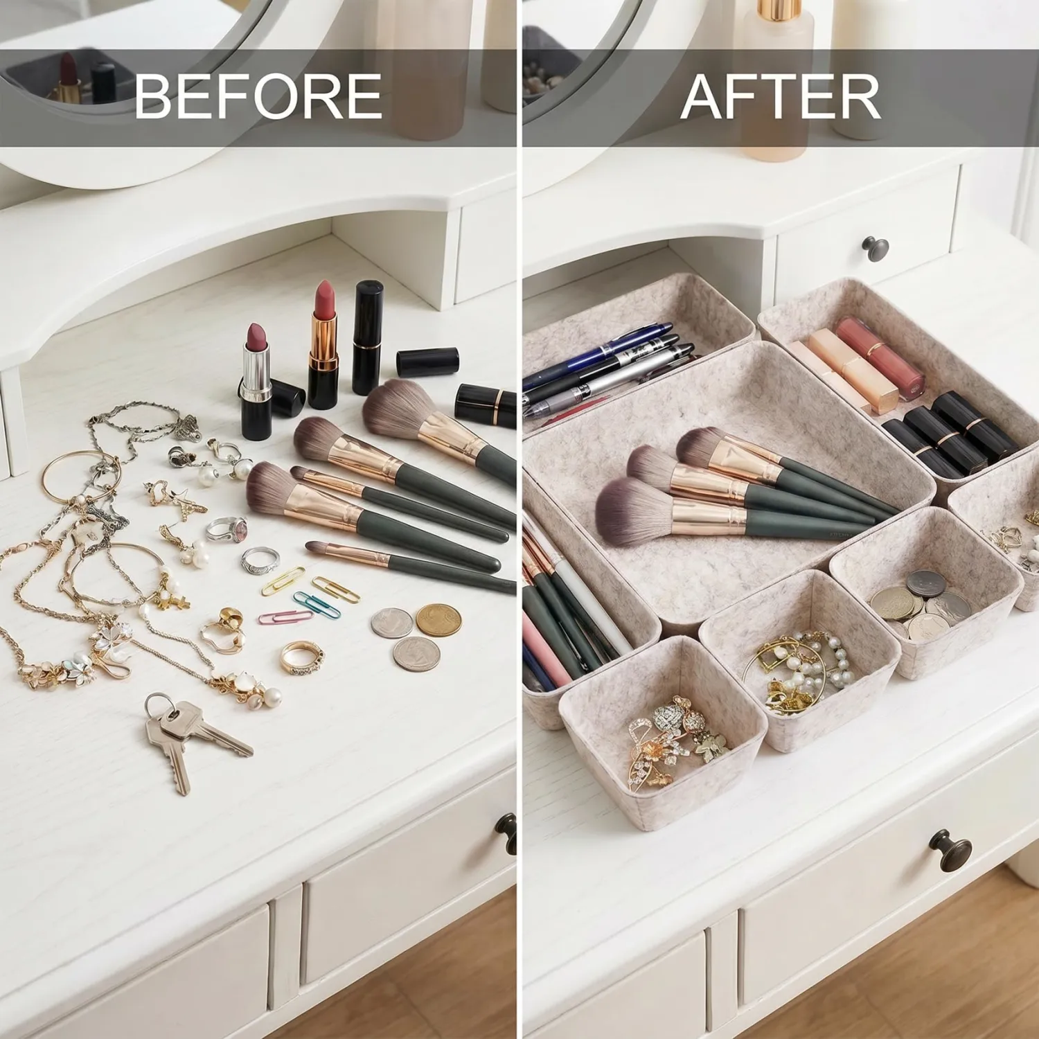 Desk Drawer Organizer Bins, 8pcs Felt Shallow Bathroom Storage Trays, Office Accessories & Workspace Organizers Jewelry & Makeup Boxes Containers(Beige)
