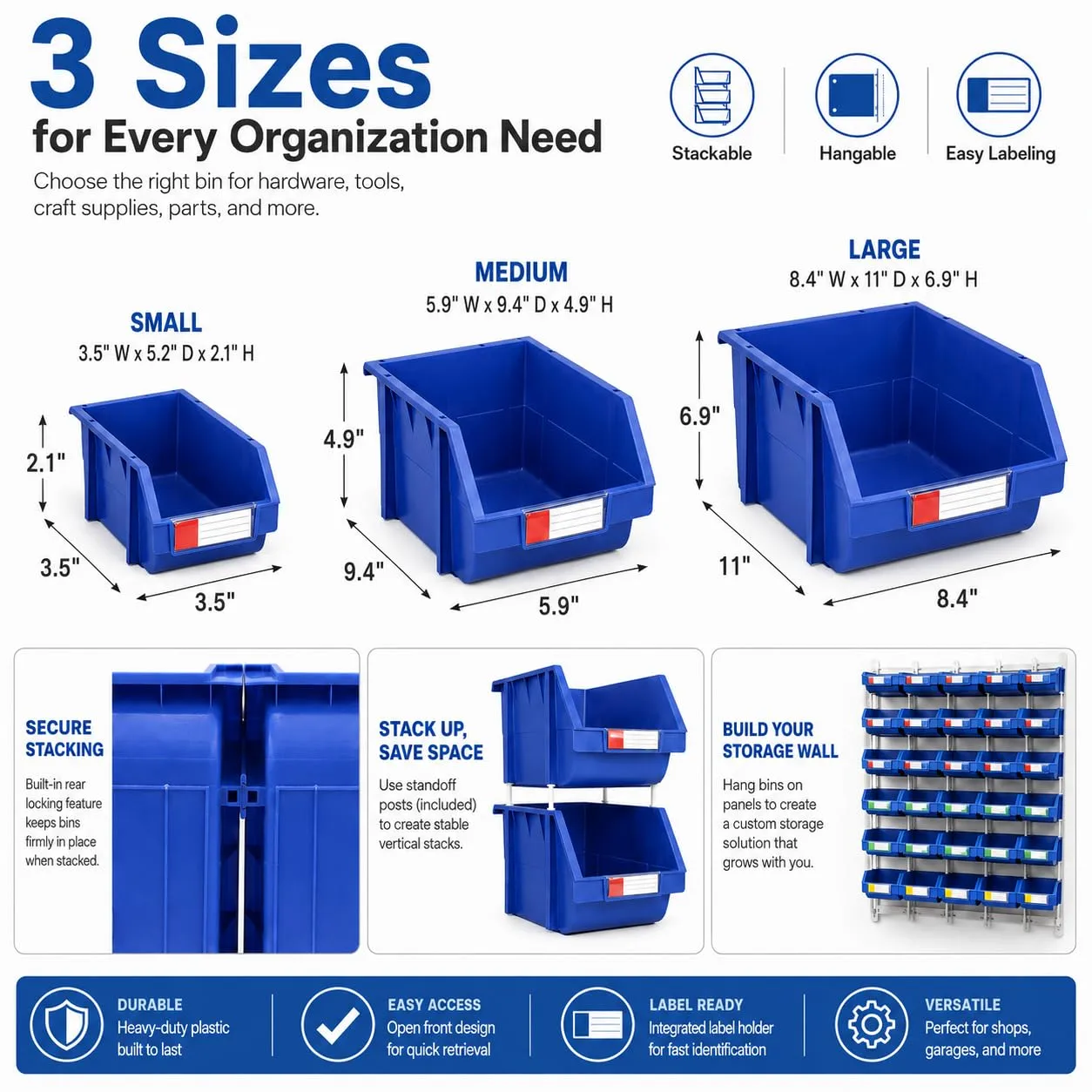 Stackable Storage Bins 2 Pack – 5.9" W x 9.4" D x 4.9" , Heavy Duty Polypropylene Organizer, Hangable & Side-Connect Design for Garage, Tools, Parts, Warehouse & Home Storage (BLUE, MEDIUM)