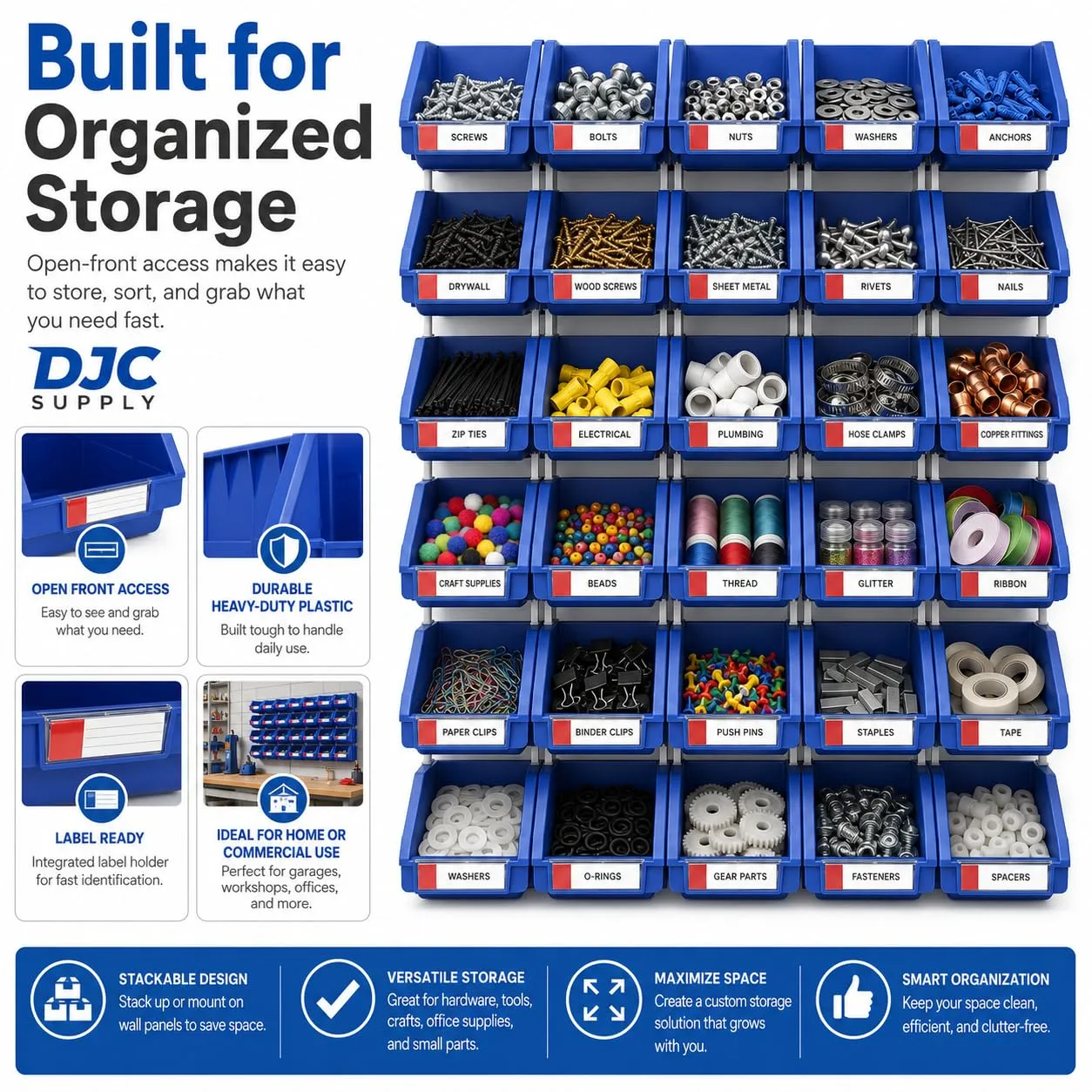 Stackable Storage Bins 2 Pack – 5.9" W x 9.4" D x 4.9" , Heavy Duty Polypropylene Organizer, Hangable & Side-Connect Design for Garage, Tools, Parts, Warehouse & Home Storage (BLUE, MEDIUM)