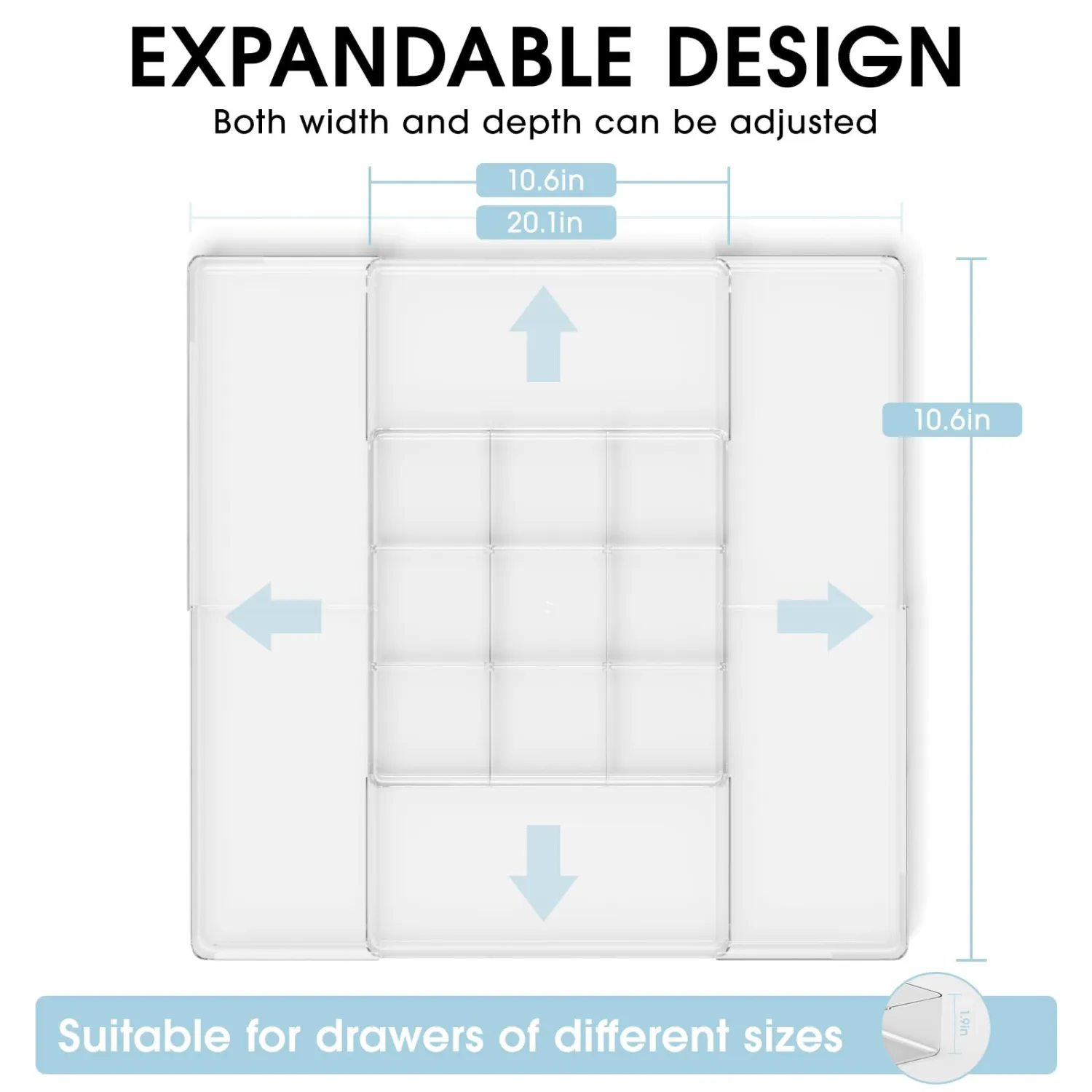 Expandable Drawer Organizer, Width (10.6"-20.1") Depth (11"-20.1"), Clear Makeup Drawer Organizer with 6 Removable Dividers, Silverware Organizer, Great for kitchen and Bathroom Drawers