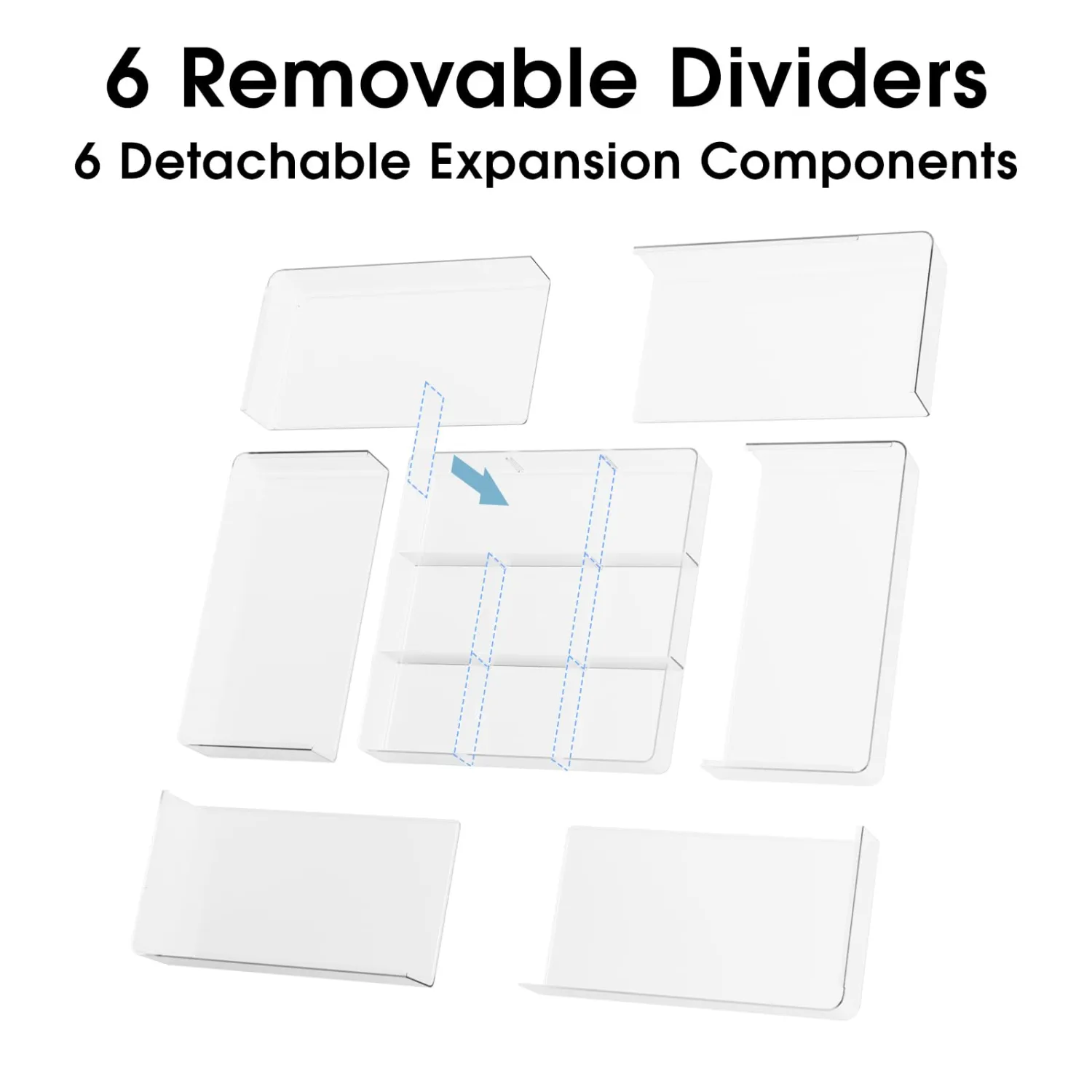 Expandable Drawer Organizer, Width (10.6"-20.1") Depth (11"-20.1"), Clear Makeup Drawer Organizer with 6 Removable Dividers, Silverware Organizer, Great for kitchen and Bathroom Drawers