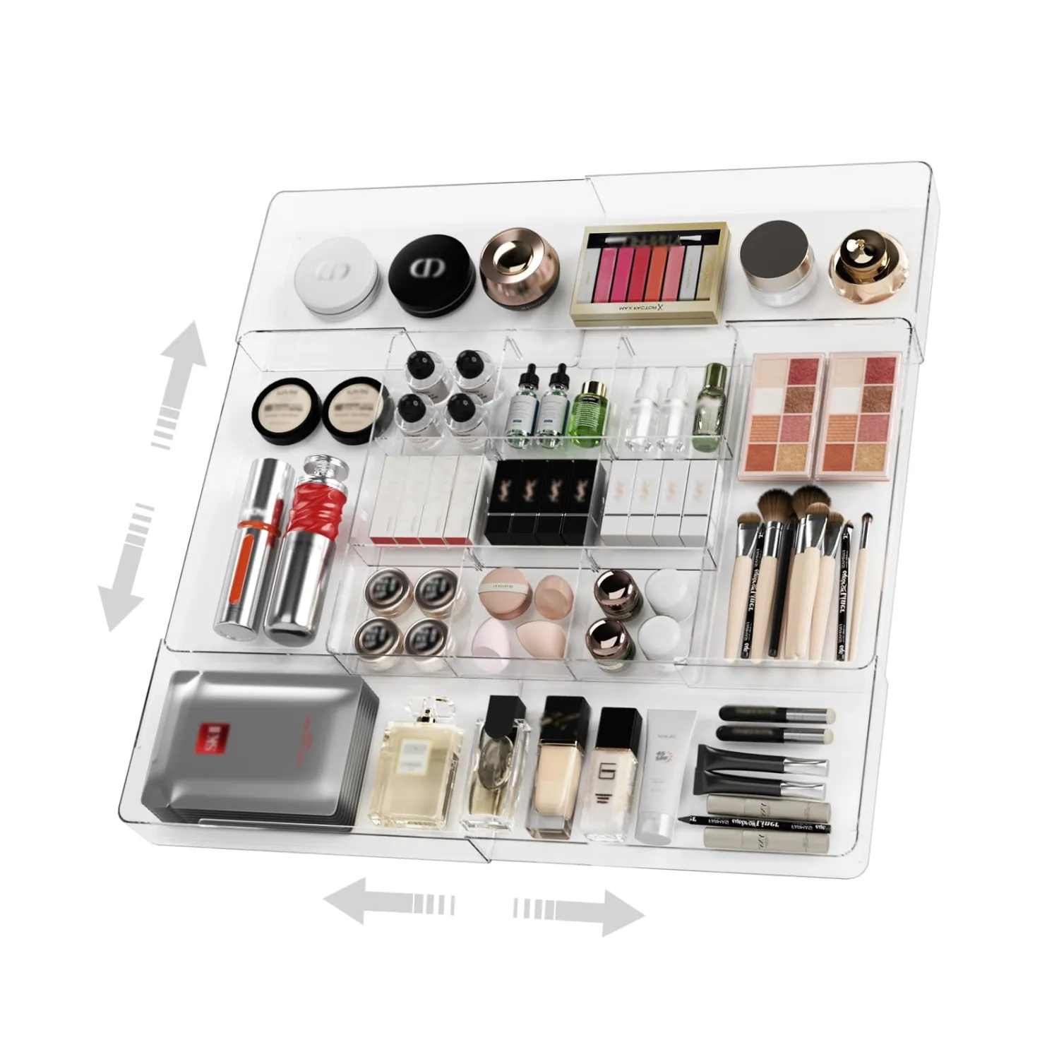 Expandable Drawer Organizer, Width (10.6"-20.1") Depth (11"-20.1"), Clear Makeup Drawer Organizer with 6 Removable Dividers, Silverware Organizer, Great for kitchen and Bathroom Drawers