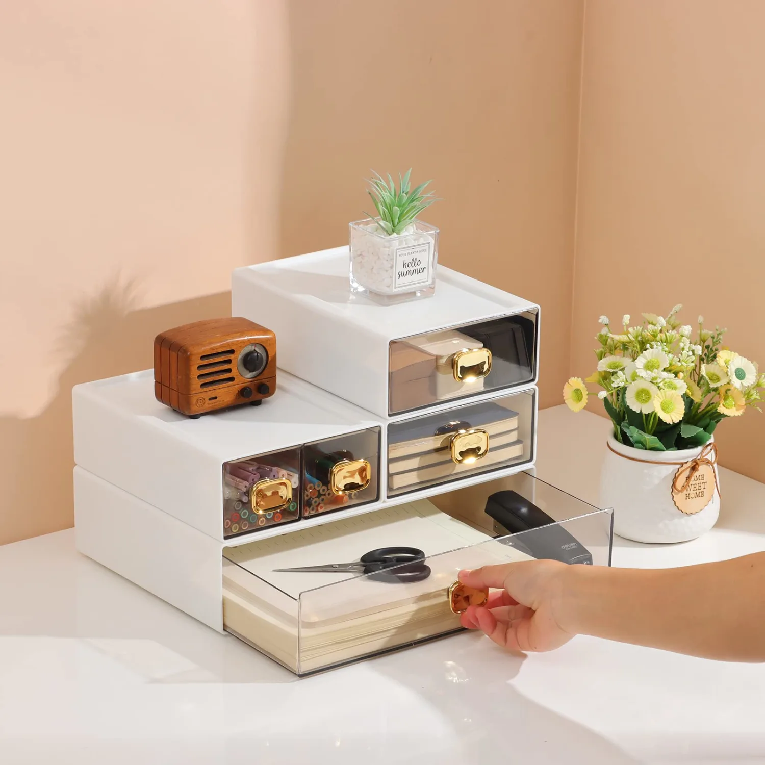 Spacious Desktop Storage Box, 1 Large 1 Middle & 2 Small Storage Drawers, Stackable Office Desk Drawer Organizer and Accessories, Printer Paper Organizer, White Plastic Drawers for Workspace