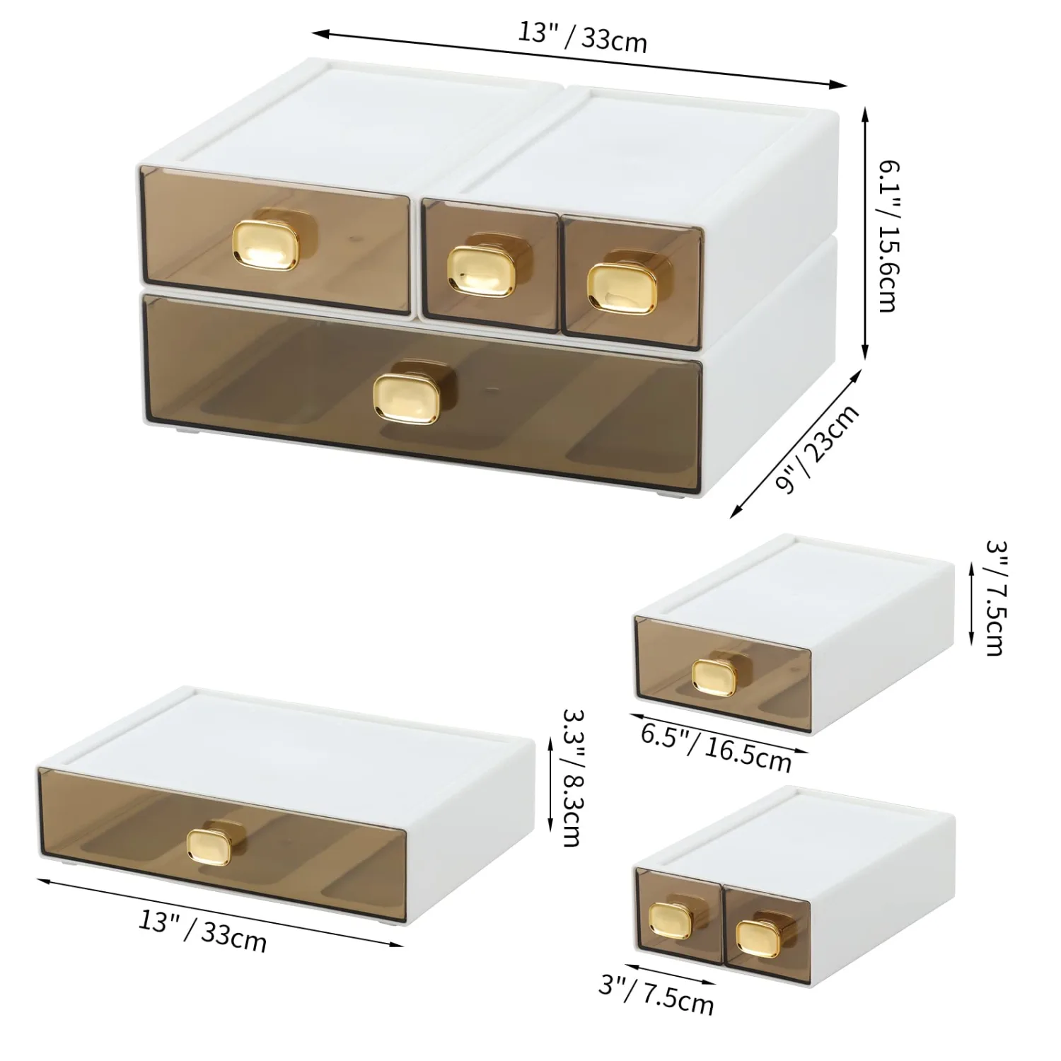 Spacious Desktop Storage Box, 1 Large 1 Middle & 2 Small Storage Drawers, Stackable Office Desk Drawer Organizer and Accessories, Printer Paper Organizer, White Plastic Drawers for Workspace