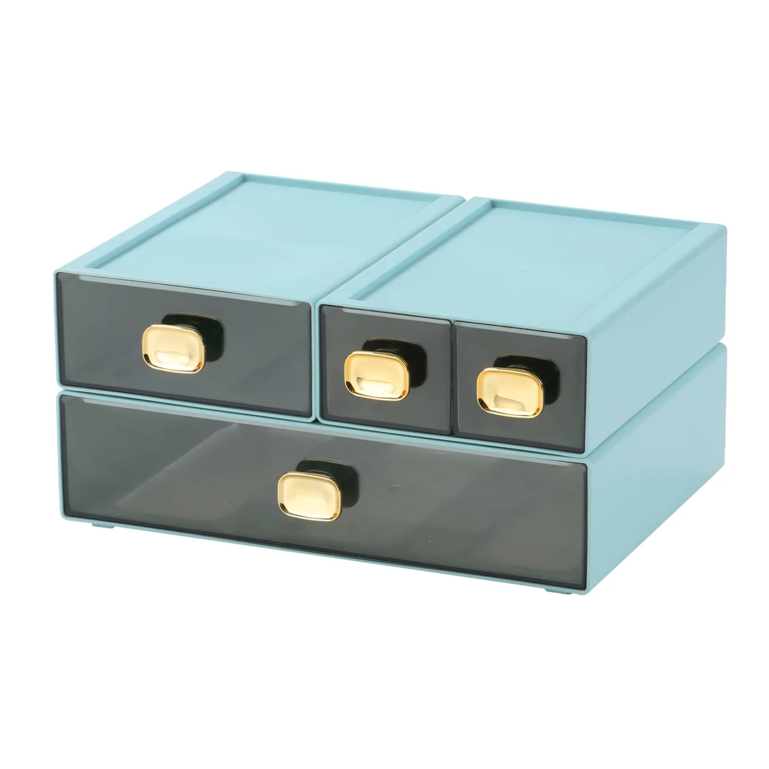 Spacious Desktop Storage Box, 1 Large 1 Middle & 2 Small Storage Drawers, Stackable Office Desk Drawer Organizer and Accessories, Printer Paper Organizer, Cyan Plastic Drawers for Workspace