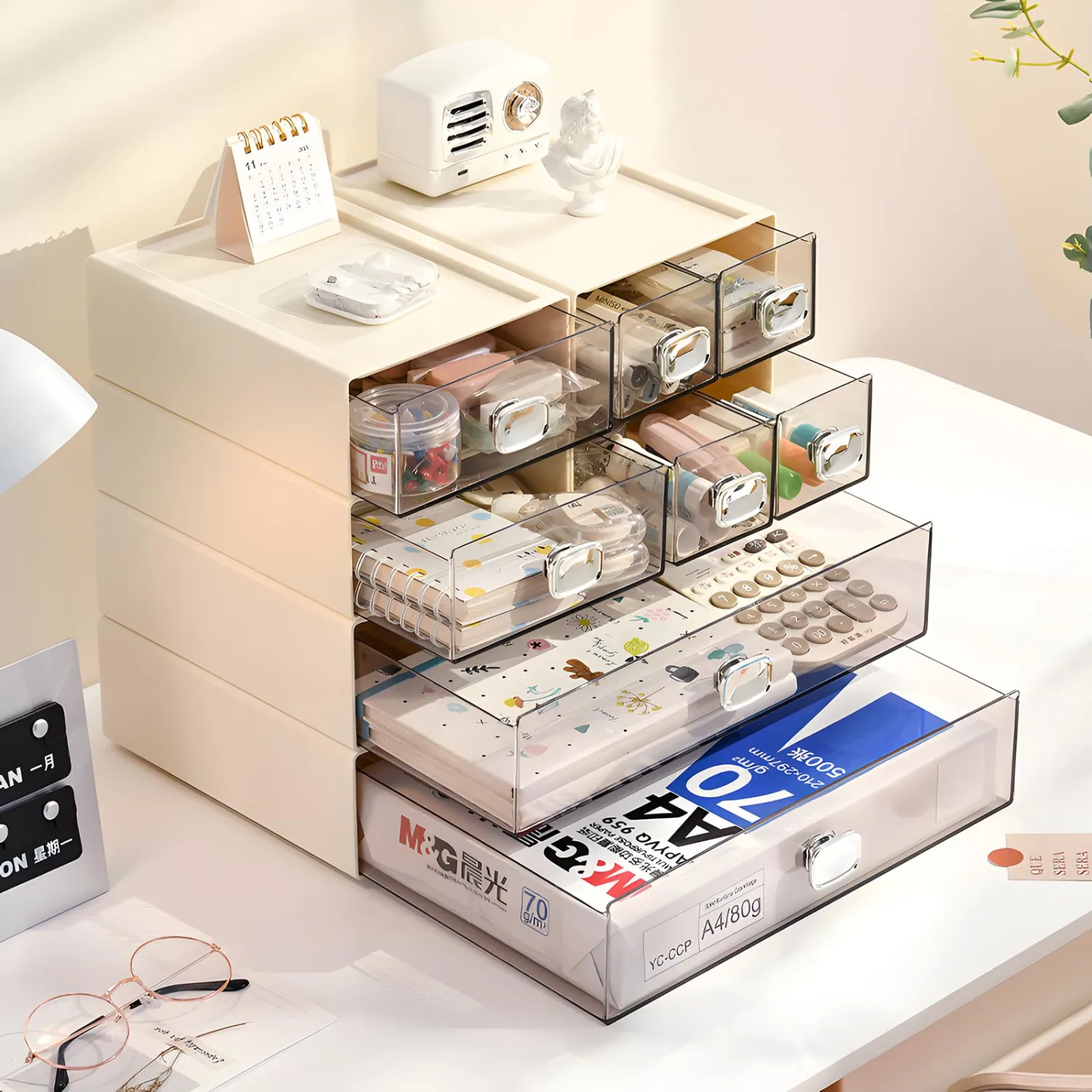 Spacious Desktop Storage Box, 1 Large Storage Drawer, Stackable Office Desk Drawer Organizer and Accessories, Printer Paper Organizer, Cream Plastic Drawers for Workspace & Home