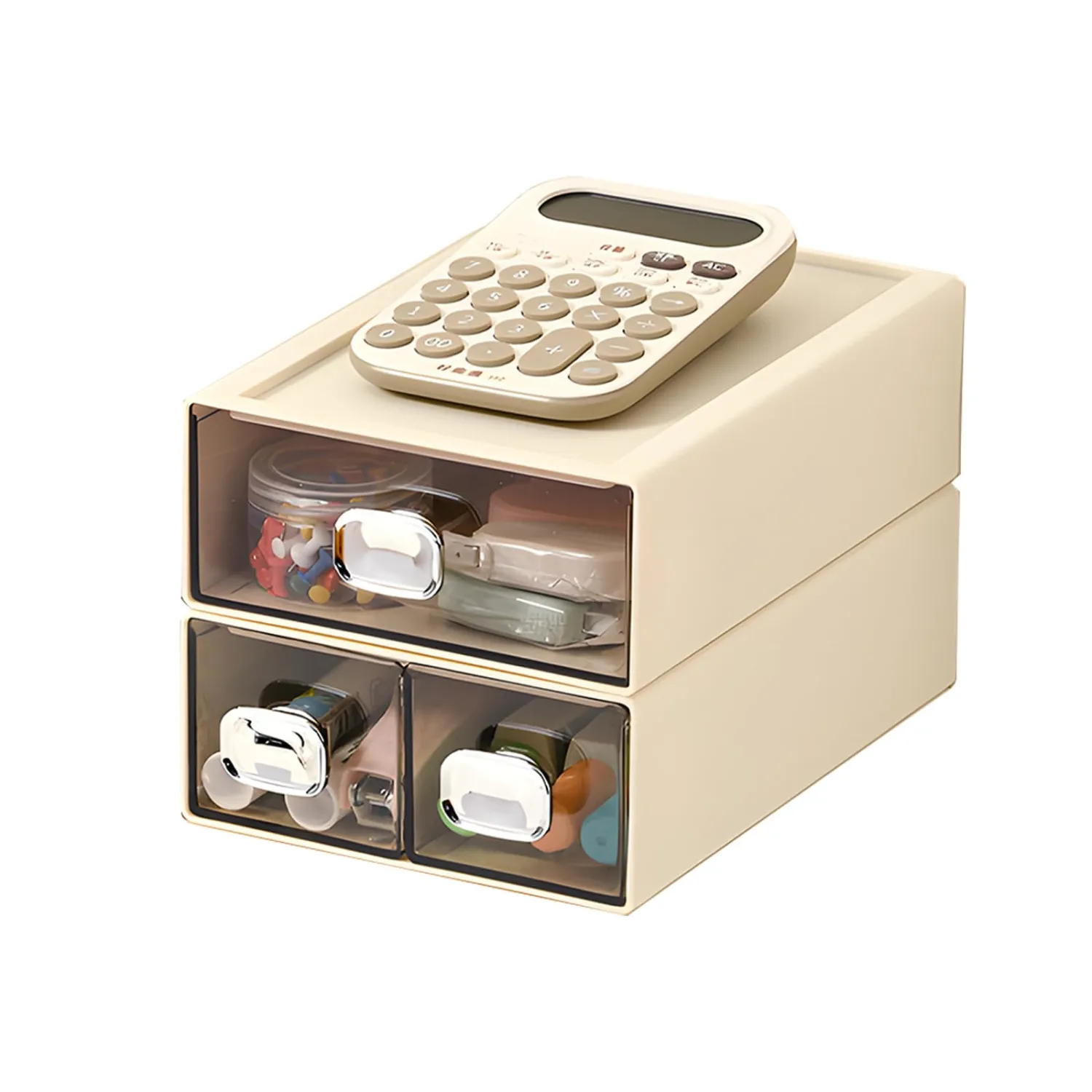 Spacious Desk Drawers, Stackable Desktop Organizer, Plastic Storage Box for Office, School & Home Supplies (1 Middle & 2 Small Drawers, Cream)