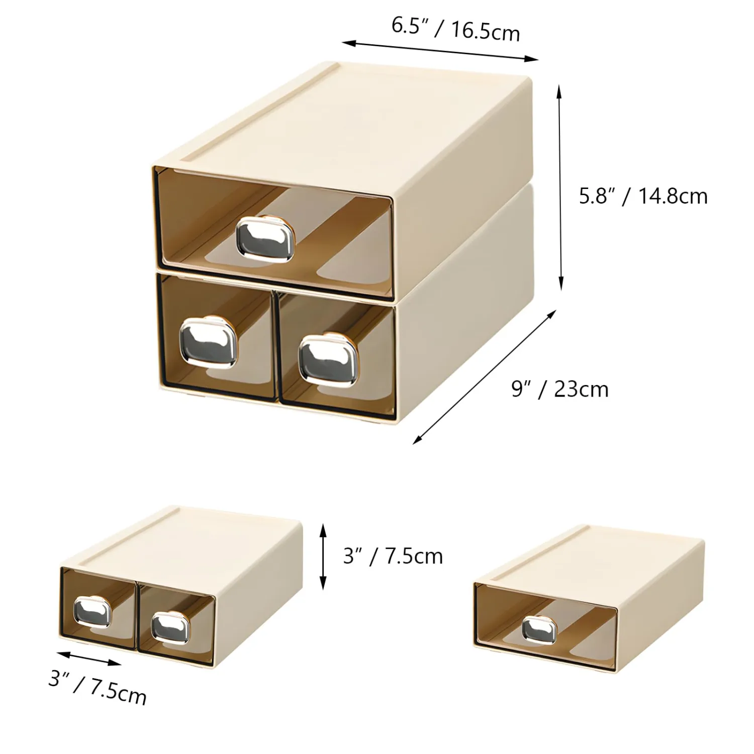 Spacious Desk Drawers, Stackable Desktop Organizer, Plastic Storage Box for Office, School & Home Supplies (1 Middle & 2 Small Drawers, Cream)