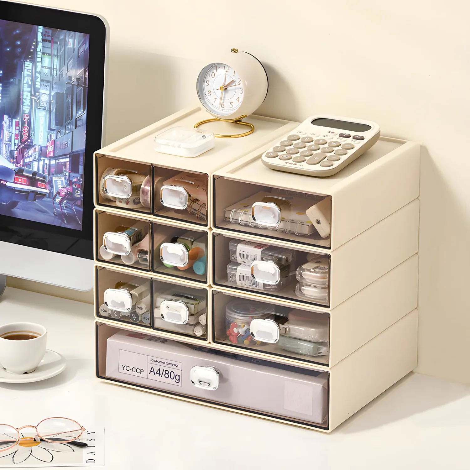 Spacious Desk Drawers, Stackable Desktop Organizer, Plastic Storage Box for Office, School & Home Supplies (1 Middle & 2 Small Drawers, Cream)