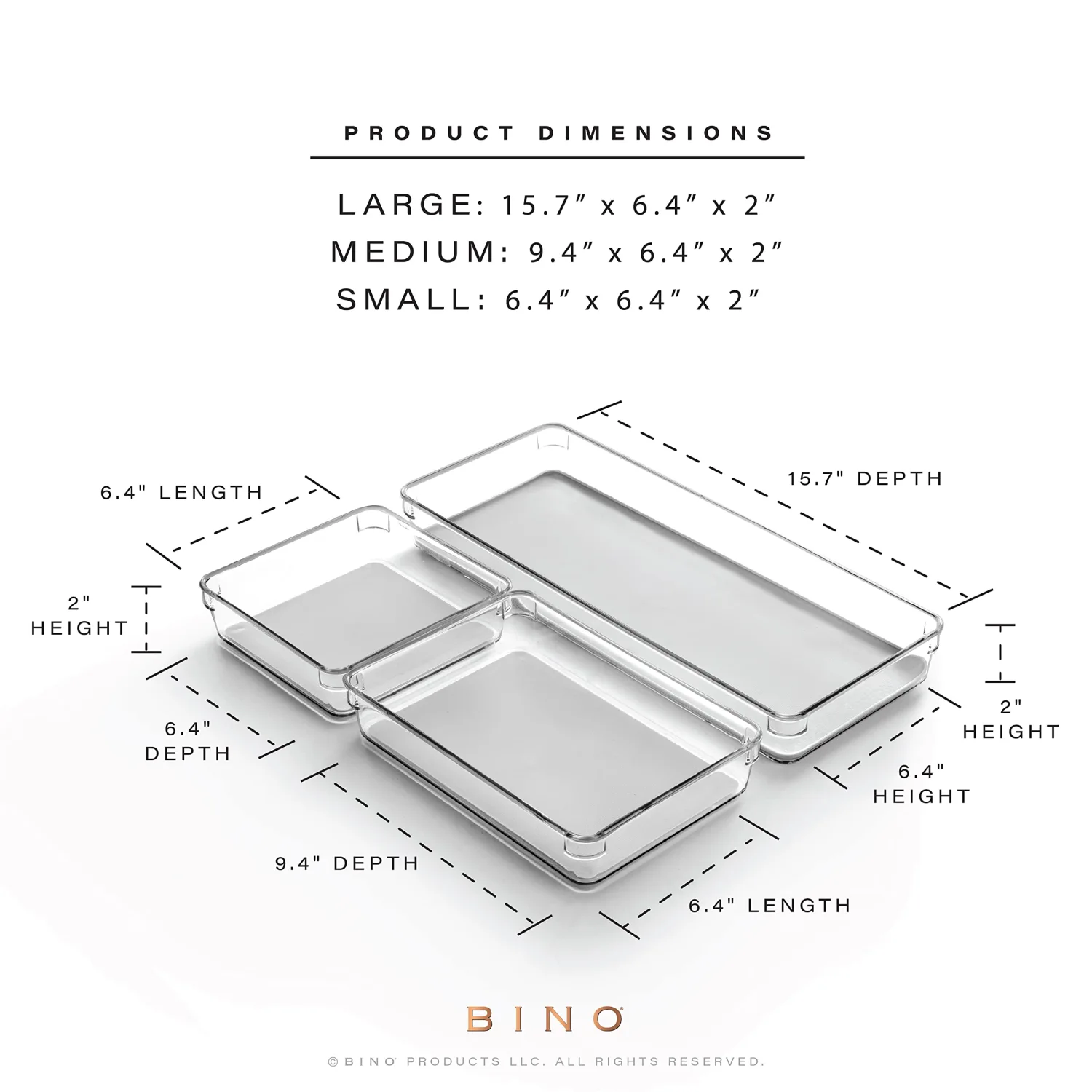BINO | 3-Piece Drawer Organizer Bin Set - Grey, Large | THE MODULAR+ | Multi-Purpose Storage | Soft-Grip Lining and Non-Slip Rubber Feet | Durable | BPA-Free | Desk Drawer Organizer | Vanity Organizer