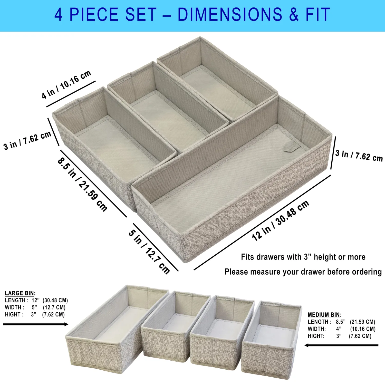 Drawer Organizer, 4-Piece Rigid Fabric Bins for Kitchen | Ideal for kitchen, bathroom, cosmetics, utensils, silverware, and gallon, quart, sandwich & snack bags