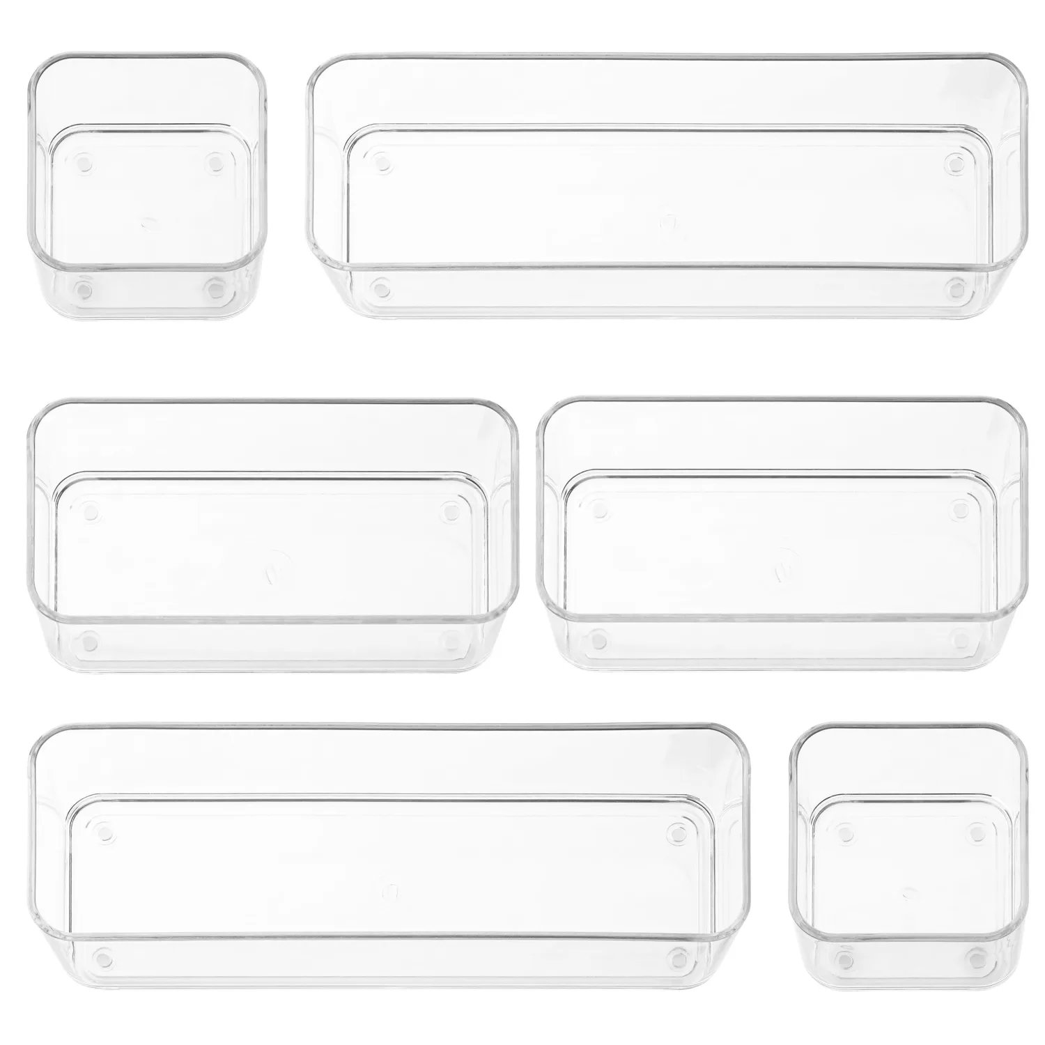 primebox Six Pieces - Clear Plastic Drawer Organizer Bins - Stackable, Non-Slip, 3 Sizes