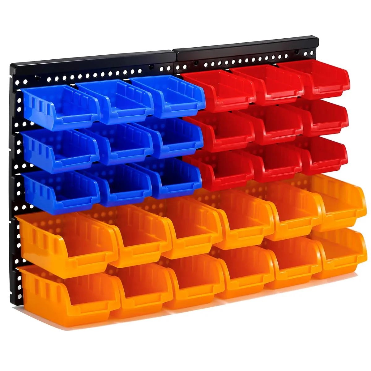 30-Bin Wall Mounted Storage Bins Kit, Tool Organizer Rack, Garage Hardware Organizer, Parts Storage Bins, DIY Combination(Red & Blue & Orange Type)
