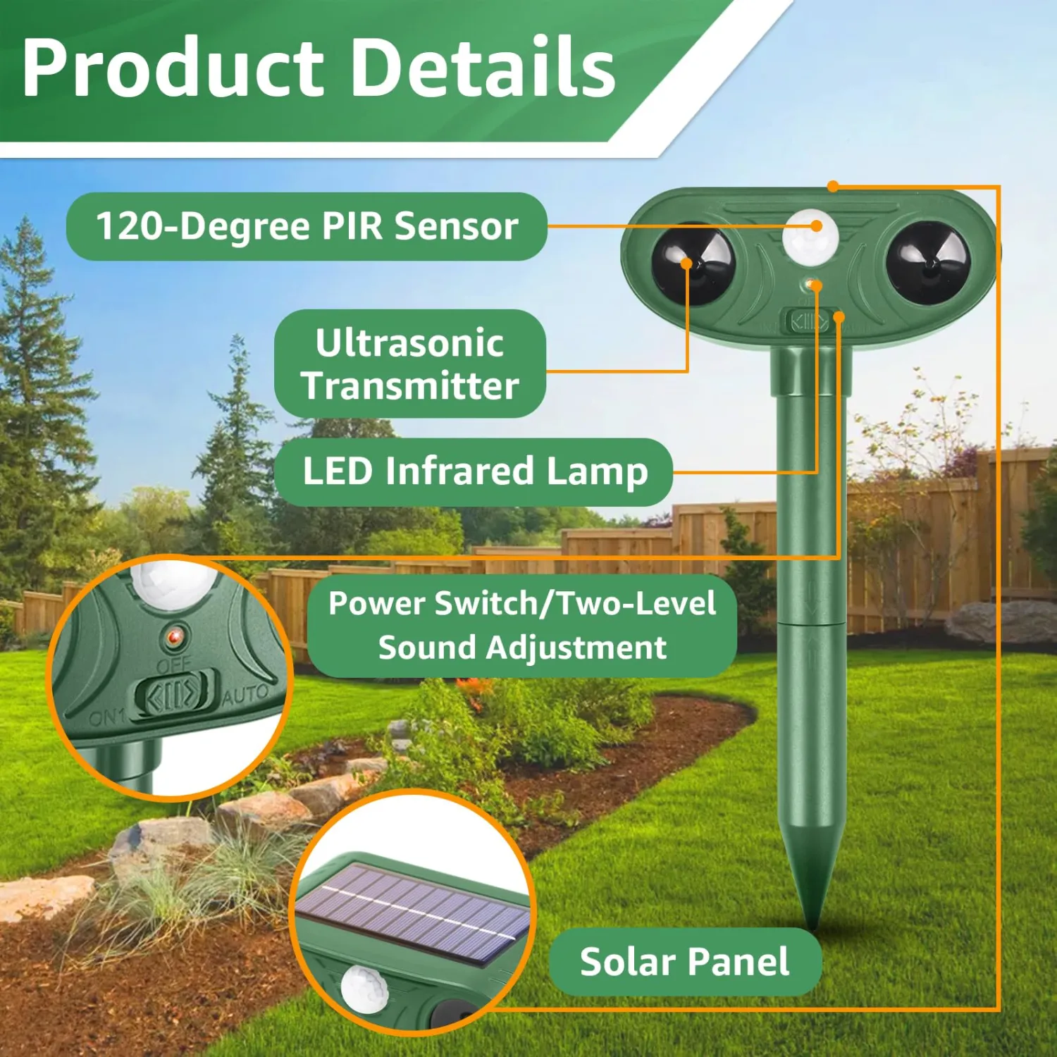 Solar Ultrasonic Animal Repellent Outdoor with Motion Sensor Strobe Light Deer Repellent Devices for Squirrel Rats Snakes Rabbit 25KHZ Silent Deterrent Dual Mode Yard Garden Lawn Pest Control 1pack