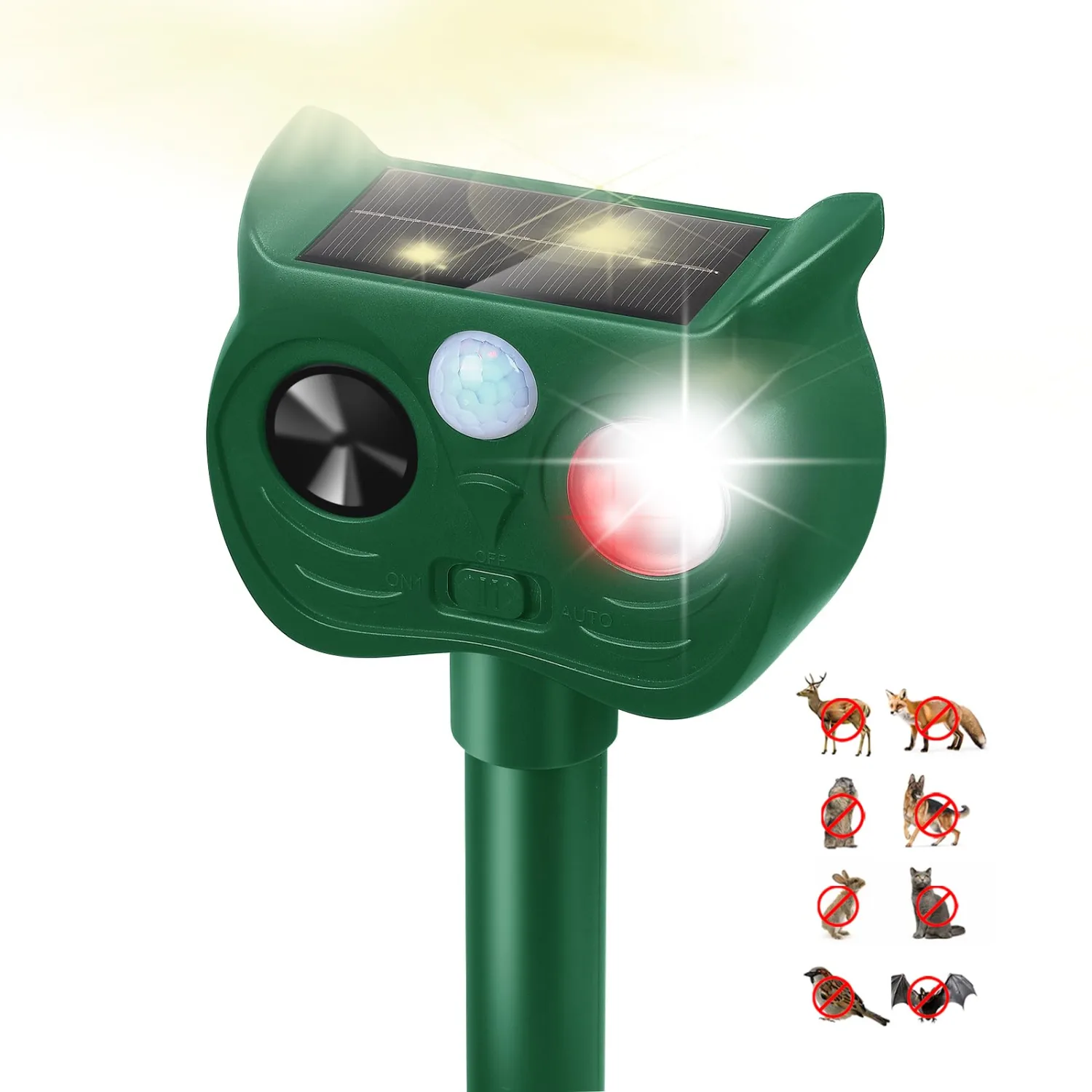 Solar Ultrasonic Animal Repellent Outdoor Motion Sensor Deer Repellent Devices Squirrel Cat Raccoon Rabbit Deterrent with Strobe Light Dual Mode, Keep Skunk Away Protection for Yard Garden Lawn 1PC