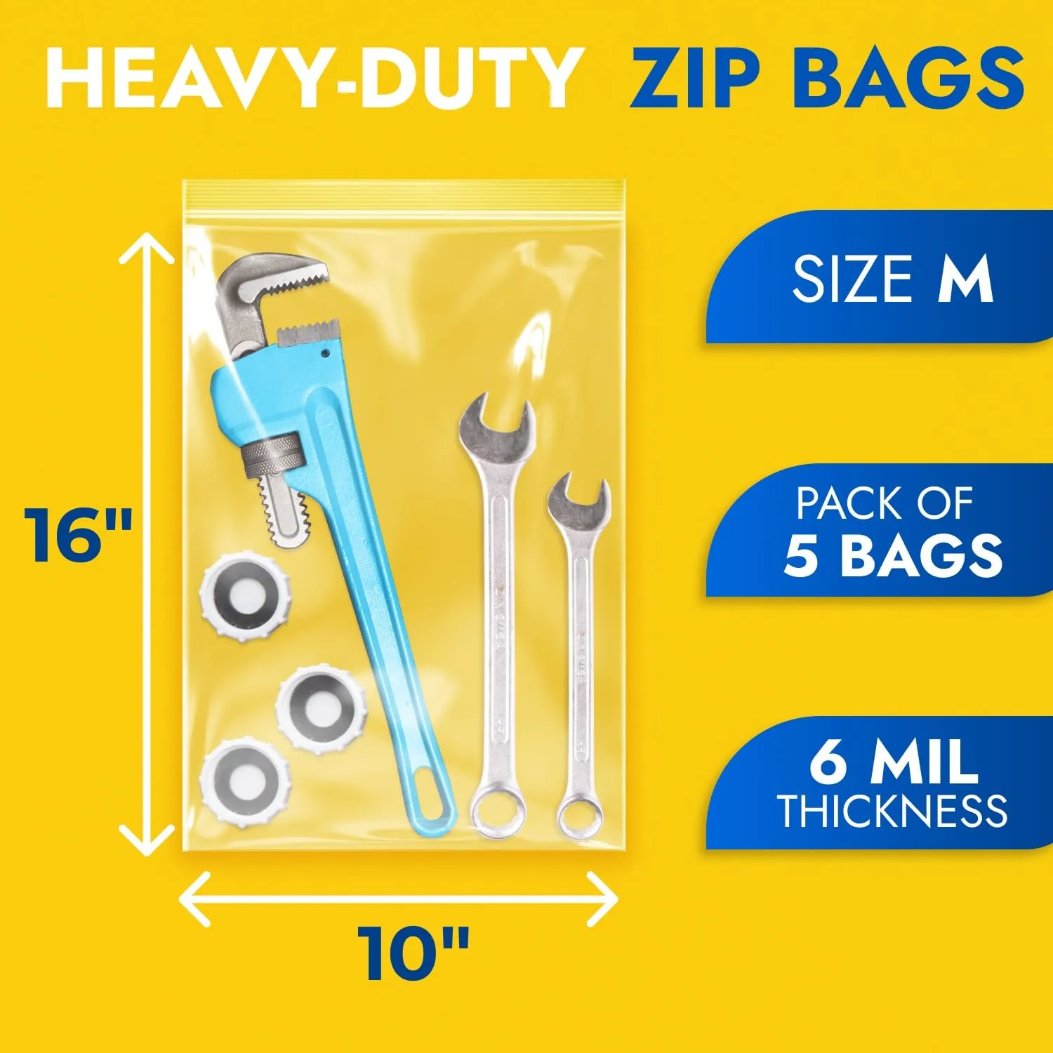 10" x 16" Reclosable Plastic Zip Bags, Pack of 5, 6 Mil Heavy-Duty Clear Poly Bags, Resealable for Food, Clothes, Hardware, Jewelry
