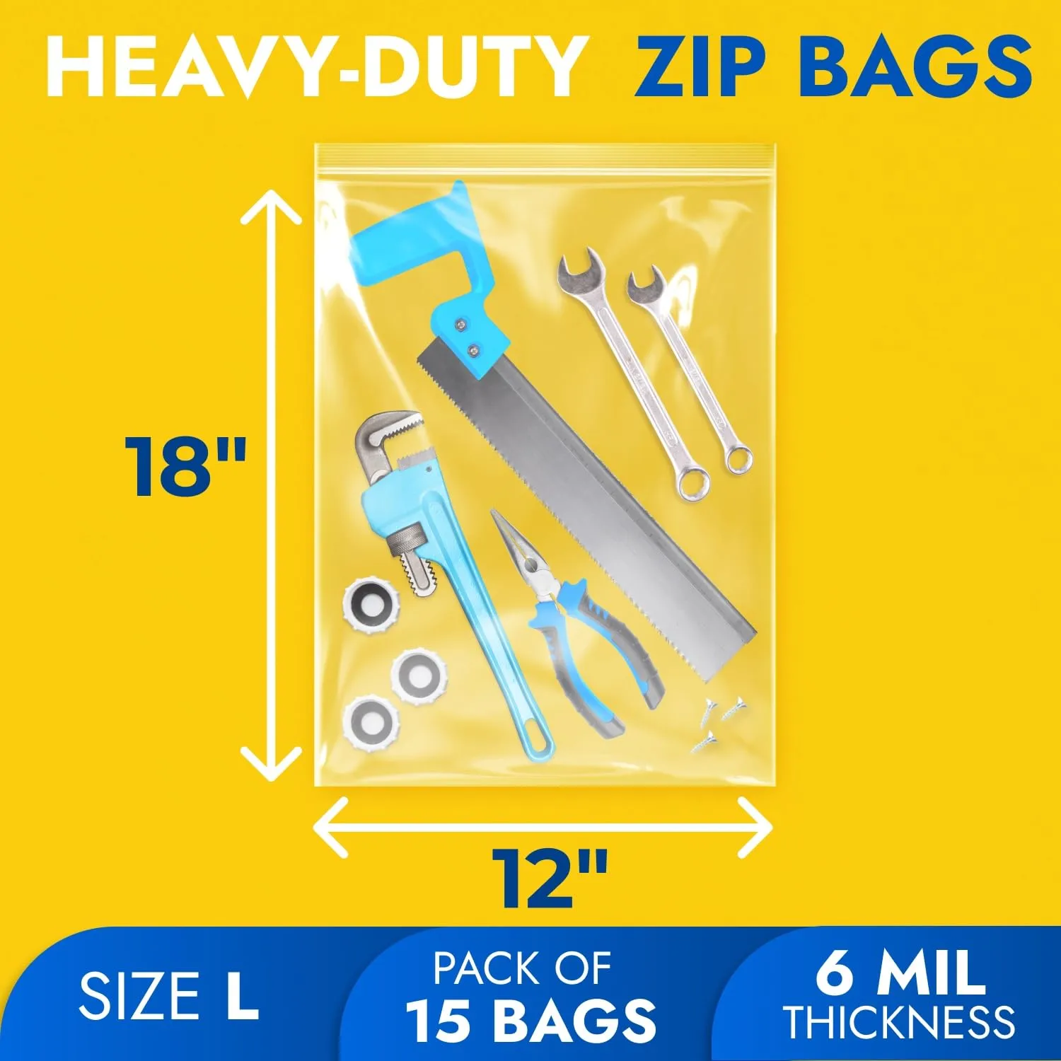 12" x 18" Reclosable Plastic Zip Bags, Pack of 15, 6 Mil Heavy-Duty Clear Poly Bags, Resealable for Food, Clothes, Hardware, Jewelry