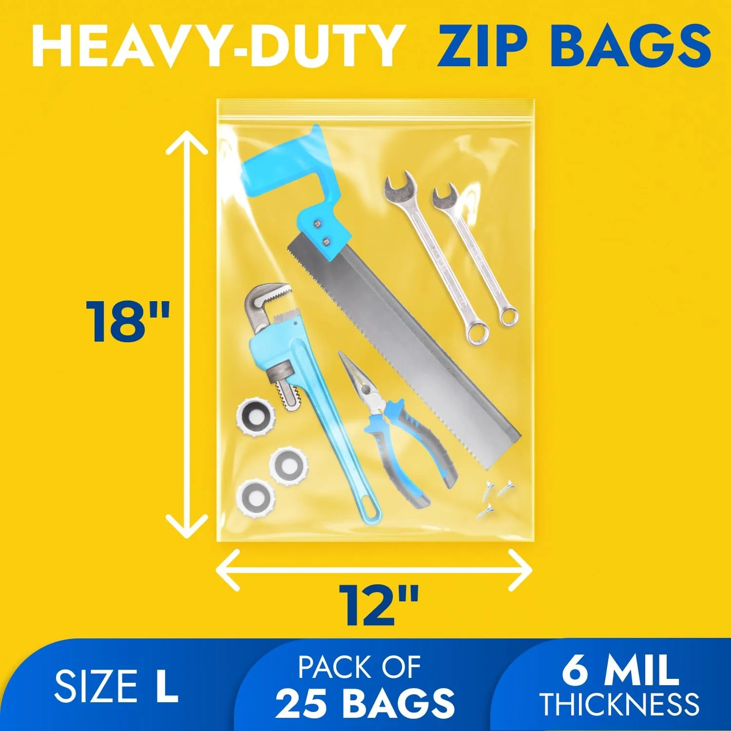 12" x 18" Reclosable Plastic Zip Bags, Pack of 25, 6 Mil Heavy-Duty Clear Poly Bags, Resealable for Food, Clothes, Hardware, Jewelry