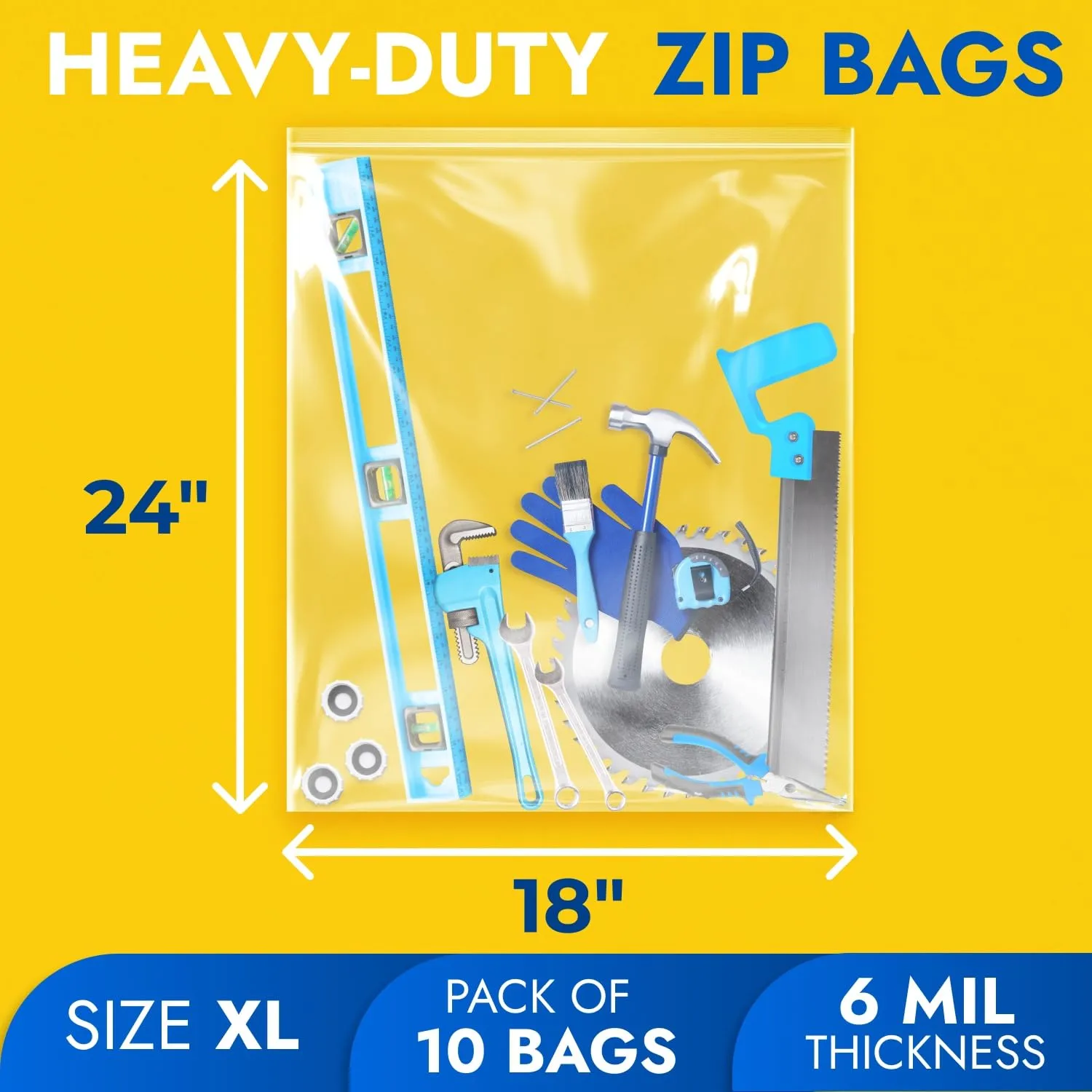 18" x 24" Reclosable Plastic Zip Bags, Pack of 10, 6 Mil Heavy-Duty Clear Poly Bags, Resealable for Food, Clothes, Hardware, Jewelry