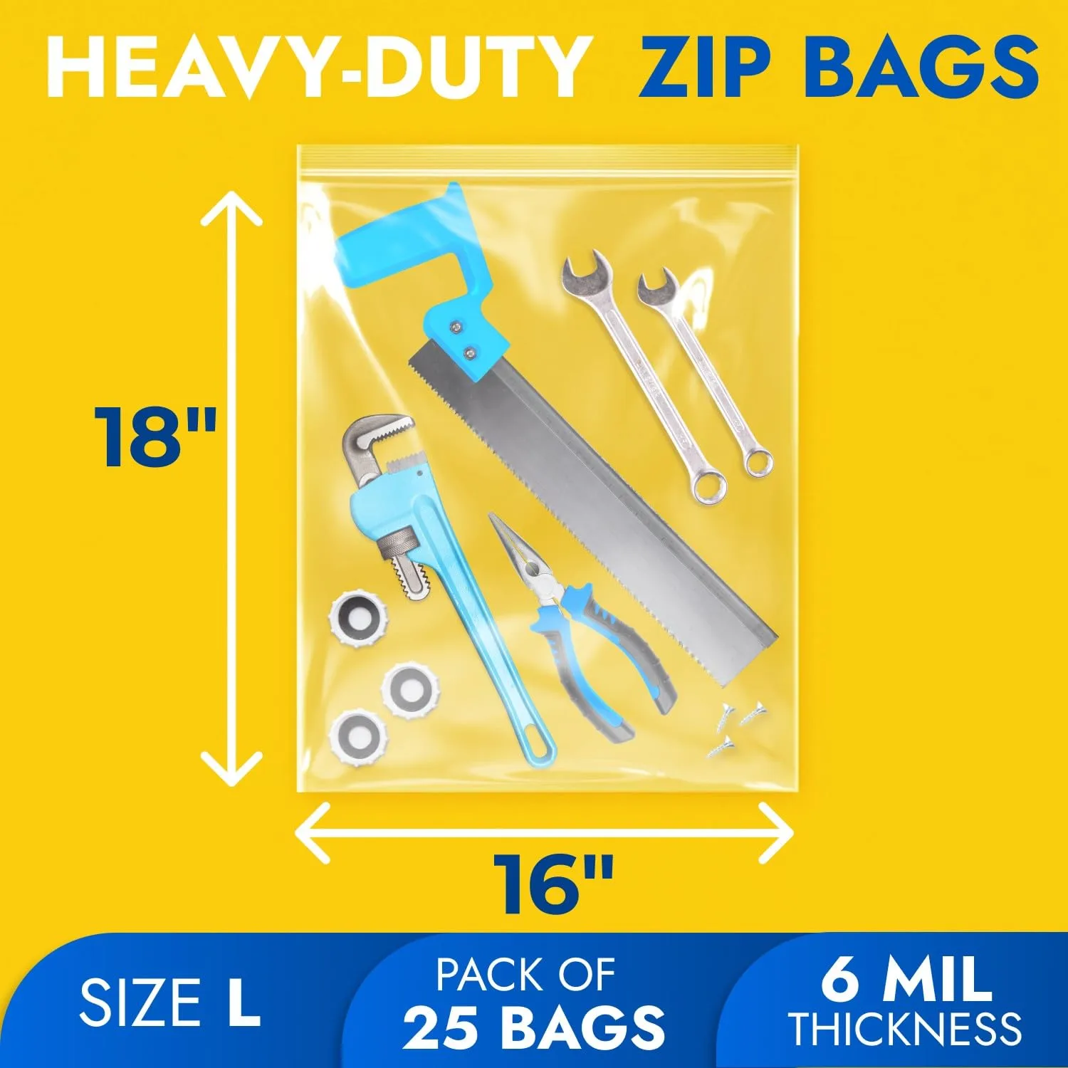 16" x 18" Reclosable Plastic Zip Bags, Pack of 25, 6 Mil Heavy-Duty Clear Poly Bags, Resealable for Food, Clothes, Hardware, Jewelry