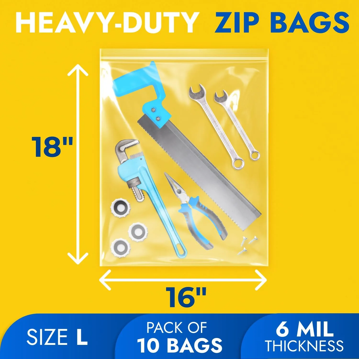 16" x 18" Reclosable Plastic Zip Bags, Pack of 10, 6 Mil Heavy-Duty Clear Poly Bags, Resealable for Food, Clothes, Hardware, Jewelry