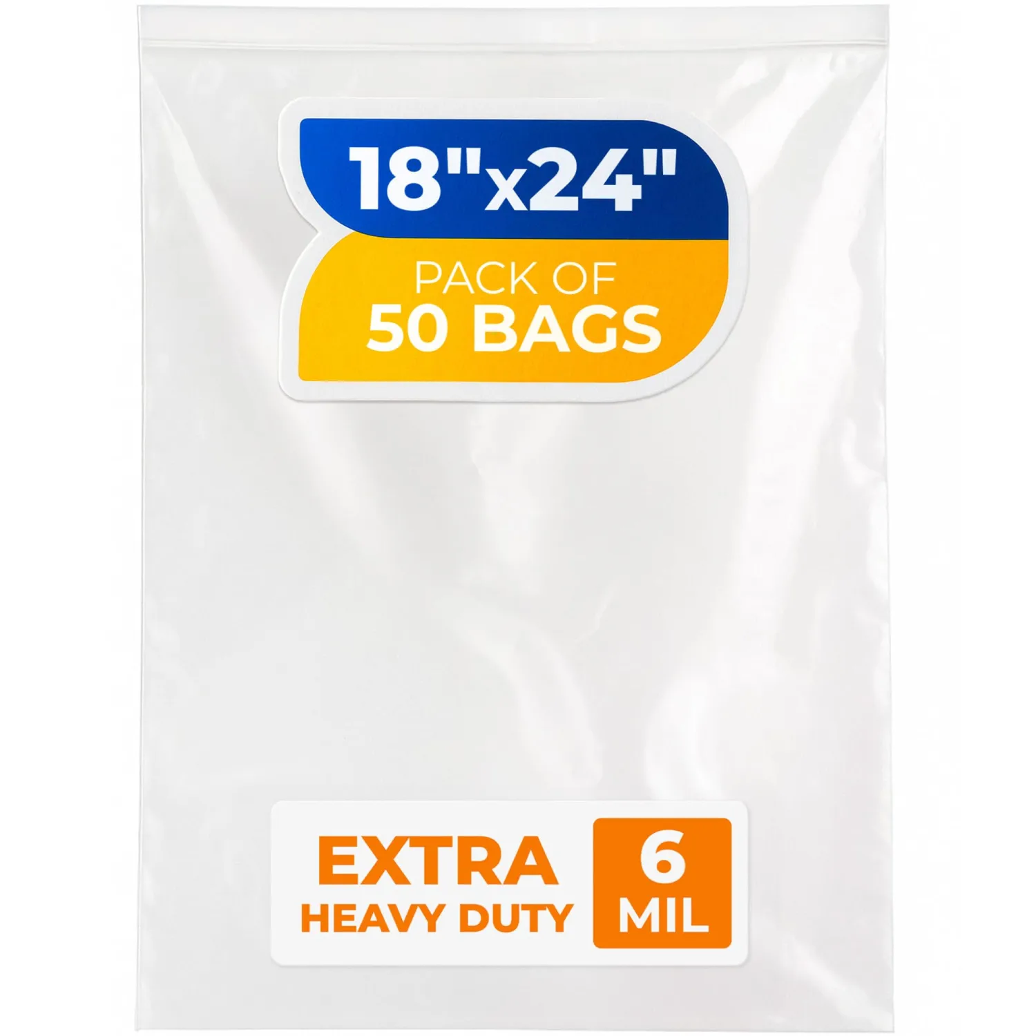 18" x 24" Reclosable Plastic Zip Bags, Pack of 50, 6 Mil Heavy-Duty Clear Poly Bags, Resealable for Food, Clothes, Hardware, Jewelry