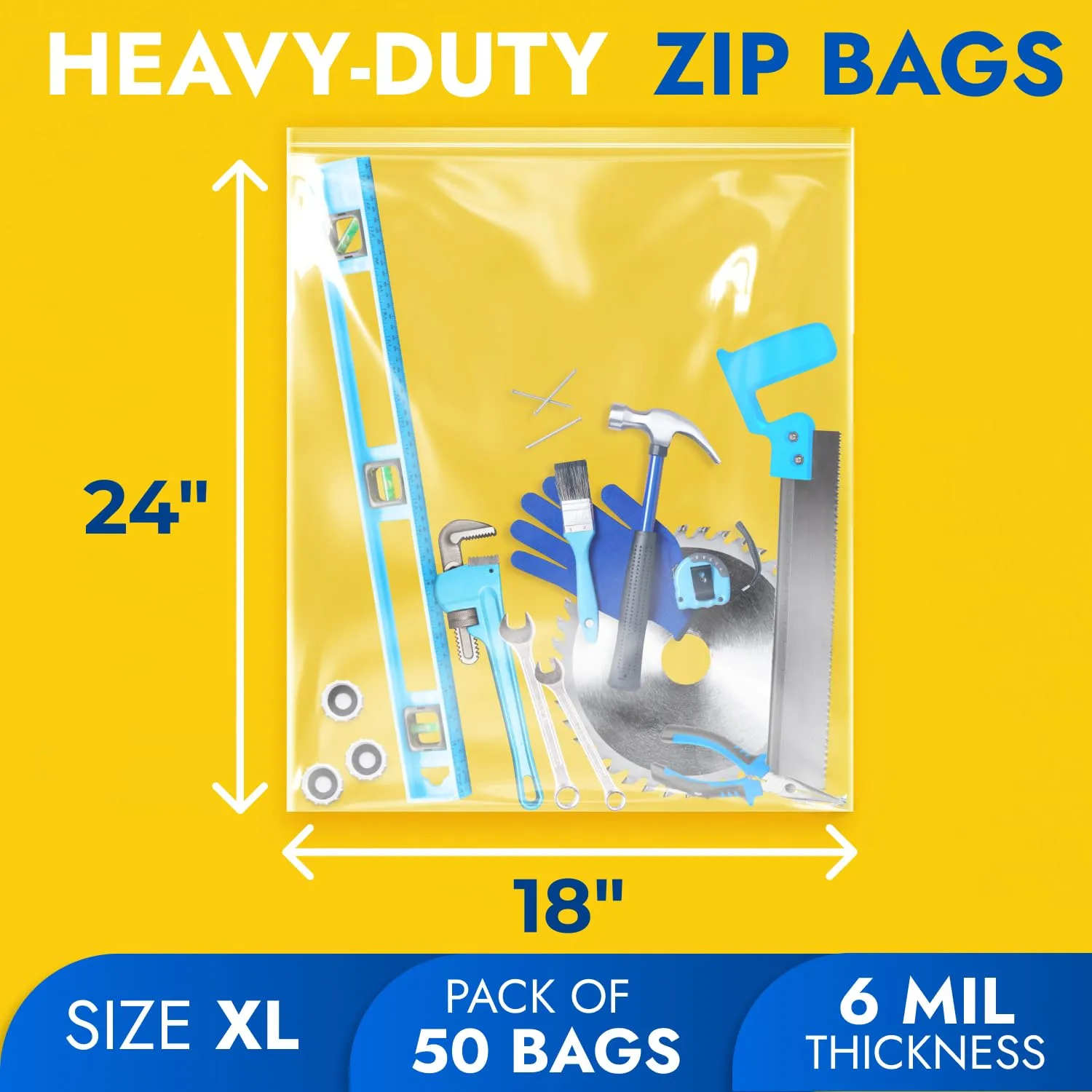 18" x 24" Reclosable Plastic Zip Bags, Pack of 50, 6 Mil Heavy-Duty Clear Poly Bags, Resealable for Food, Clothes, Hardware, Jewelry