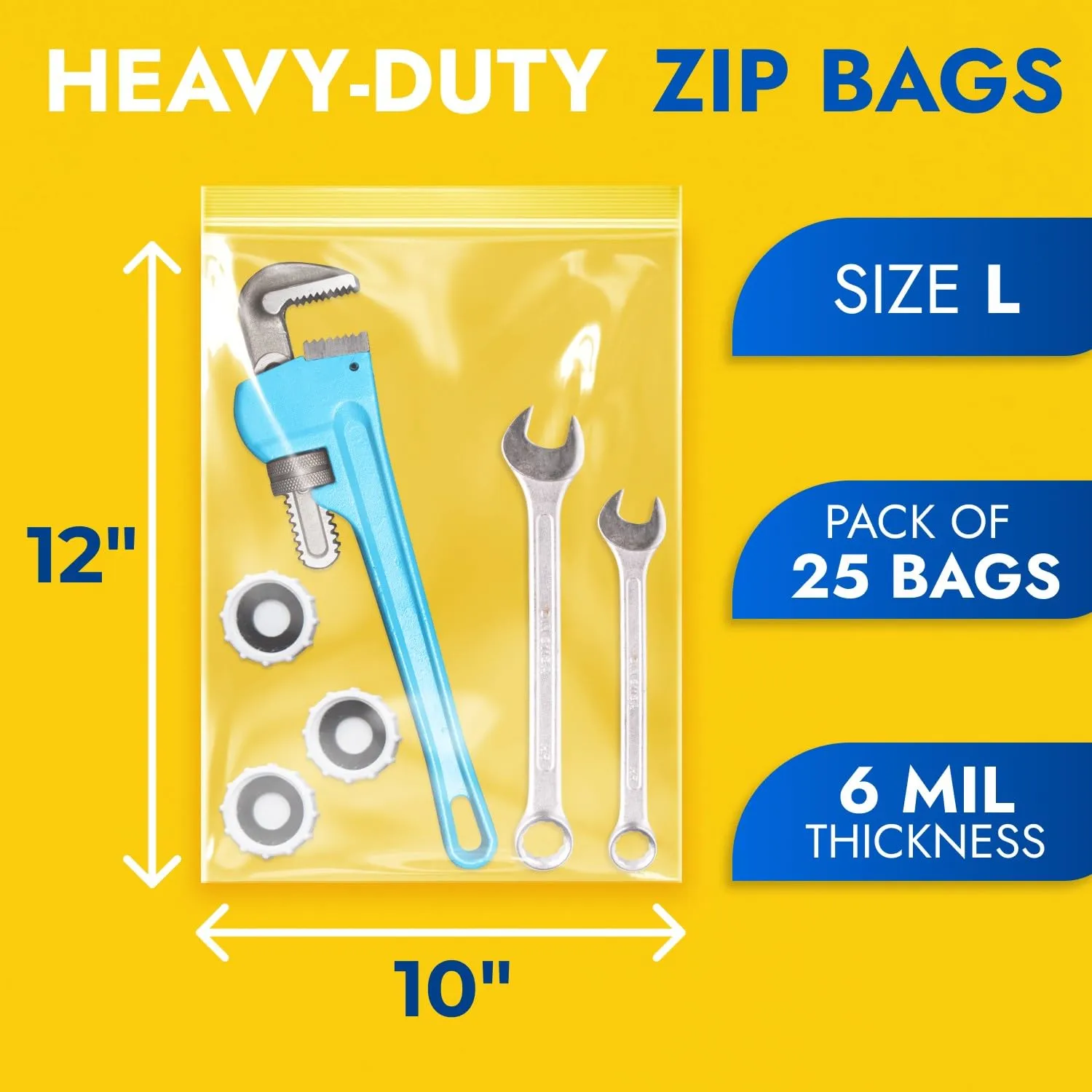 10" x 12" Reclosable Plastic Zip Bags, Pack of 25, 6 Mil Heavy-Duty Clear Poly Bags, Resealable for Food, Clothes, Hardware, Jewelry