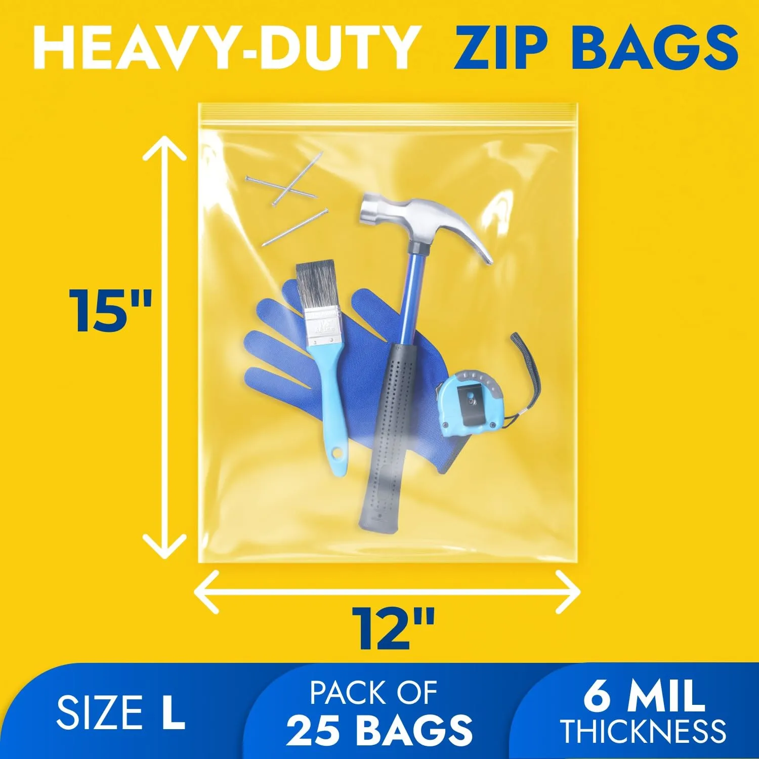 12" x 15" Reclosable Plastic Zip Bags, Pack of 25, 6 Mil Heavy-Duty Clear Poly Bags, Resealable for Food, Clothes, Hardware, Jewelry