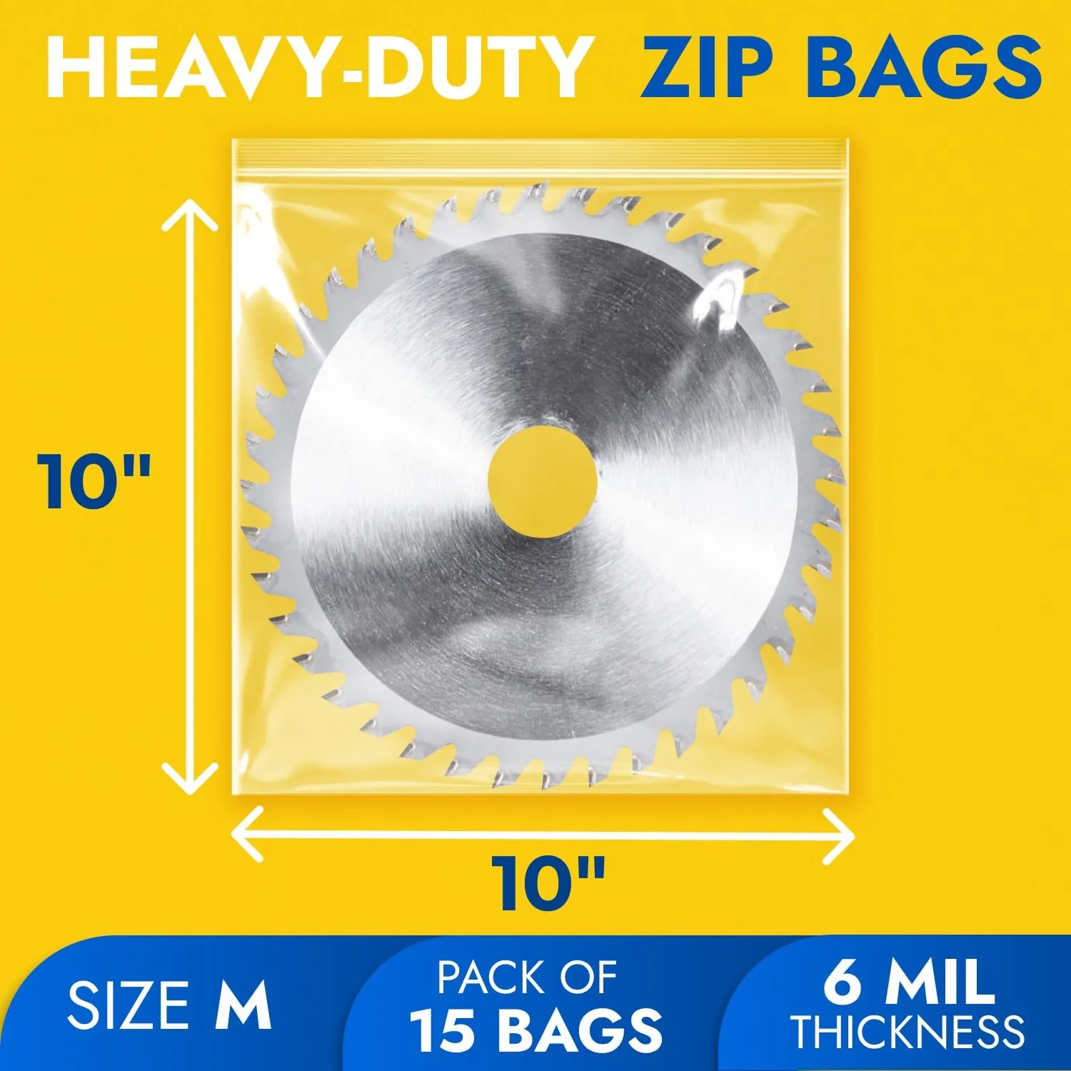 10" x 10" Reclosable Plastic Zip Bags, Pack of 15, 6 Mil Heavy-Duty Clear Poly Bags, Resealable for Food, Clothes, Hardware, Jewelry