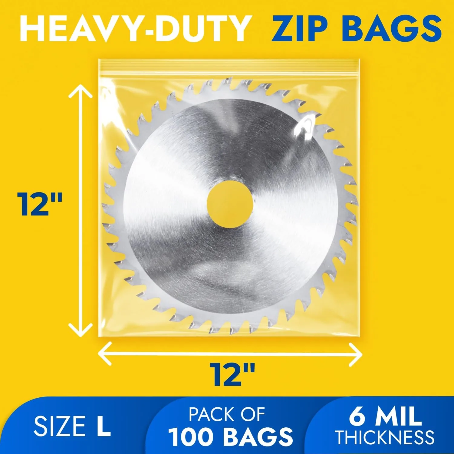 12" x 12" Reclosable Plastic Zip Bags, Pack of 100, 6 Mil Heavy-Duty Clear Poly Bags, Resealable for Food, Clothes, Hardware, Jewelry