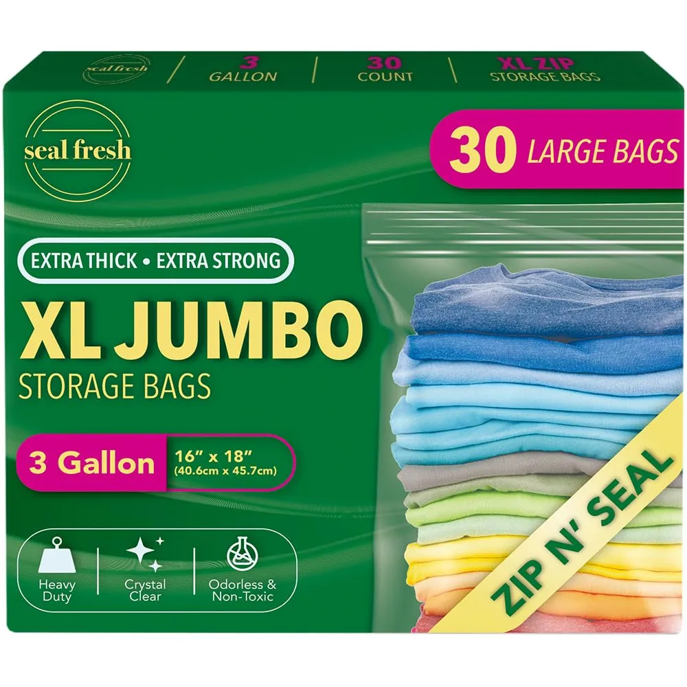 Seal Fresh 3 Gallon Large Plastic Storage Bags – 16" x 18" (30 Count) – Reusable XXL Extra Large Clear Jumbo Zip Bags with Sealable Zipper Top For Clothes, Travel, Moving