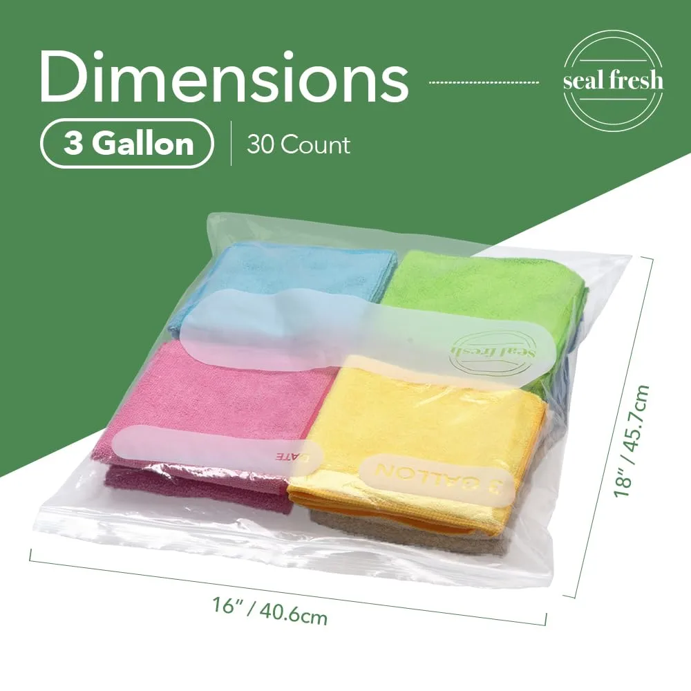 Seal Fresh 3 Gallon Large Plastic Storage Bags – 16" x 18" (30 Count) – Reusable XXL Extra Large Clear Jumbo Zip Bags with Sealable Zipper Top For Clothes, Travel, Moving