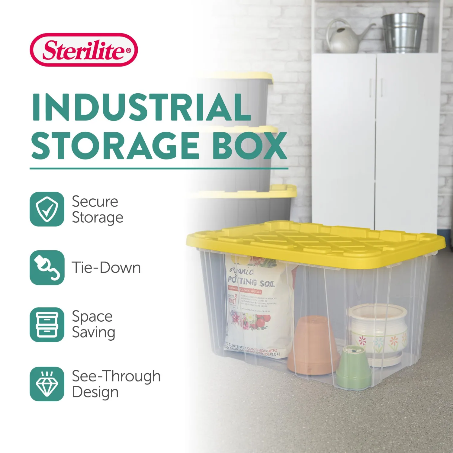 Sterilite 4-Pack Industrial Storage Box, Plastic Container Bins w/Lids, 27 Gallon, Yellow - Heavy-Duty Organizing Containers for Closet, Bathroom, and Office