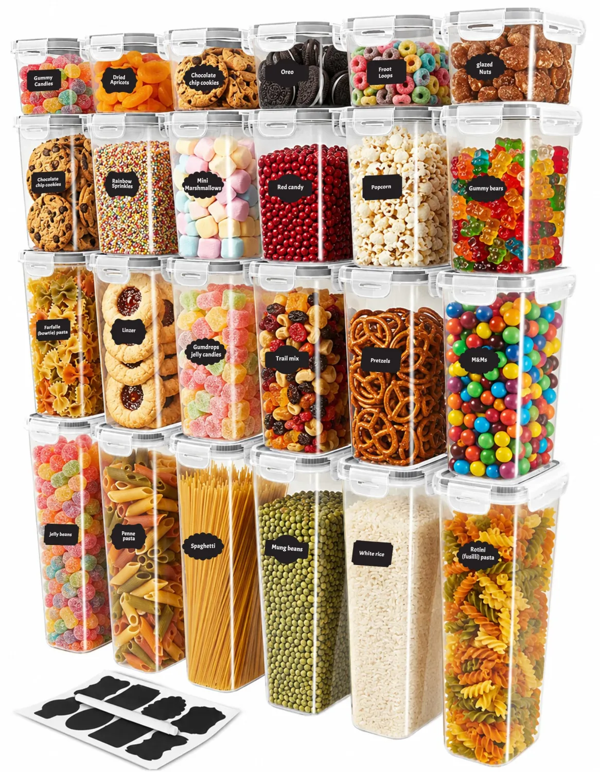KICHLY Plastic Airtight Food Storage Containers Sets with Lids – 24 Pack BPA-Free Kitchen Pantry Organizers and Storage for Cereal, Flour, Sugar & Dry Food (Clear)